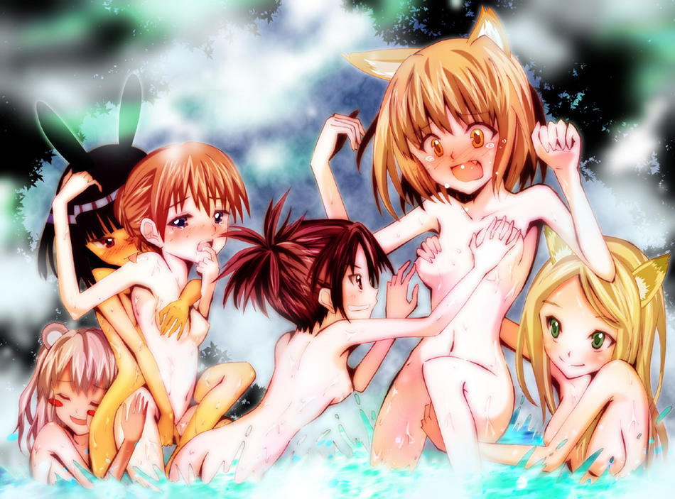 6+girls, animal ears, blush, breasts, covering privates, fingering, grabbing another's breast, groping, loli, multiple girls, smile, water, yuri