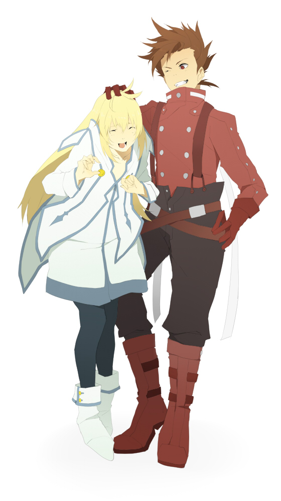 tonyachi, colette brunel, lloyd irving, tales of (series), tales of symphonia, bad id, bad pixiv id, 00s, 1boy, 1girl, blonde hair, blue eyes, boots, brown eyes, brown hair, couple, gloves, headpat, hetero, knee boots, legs, long hair, pantyhose, red shirt, shirt, smile