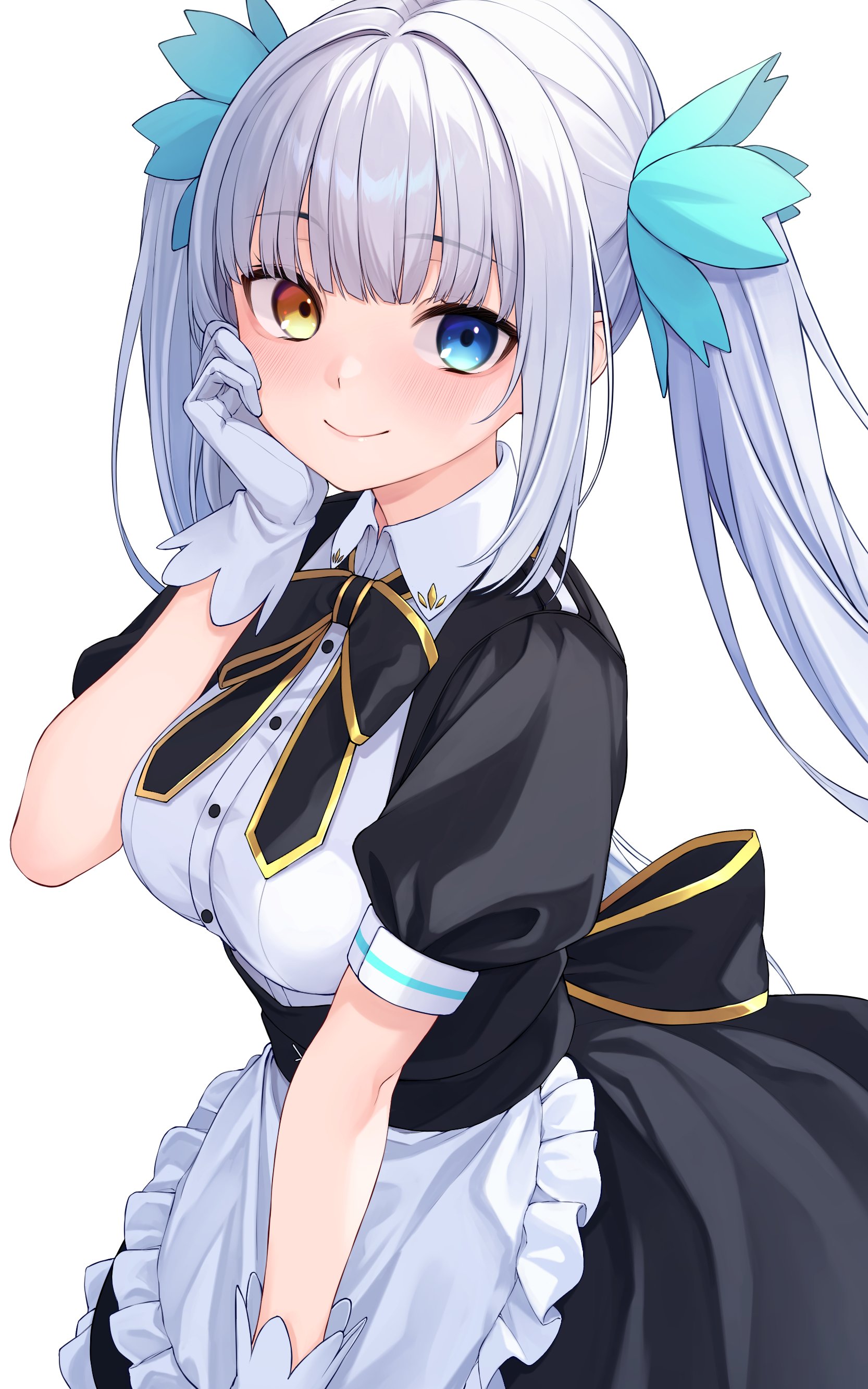 nameko houshi, tentei forte, neo-porte, absurdres, highres, 1girl, alternate costume, apron, black dress, blue eyes, blunt bangs, breasts, closed mouth, collared dress, dress, enmaided, gloves, grey hair, hand on own face, heterochromia, long hair, looking at viewer, maid, maid apron, medium breasts, puffy short sleeves, puffy sleeves, short sleeves, simple background, smile, solo, twintails, waist apron, white apron, white background, white gloves, yellow eyes