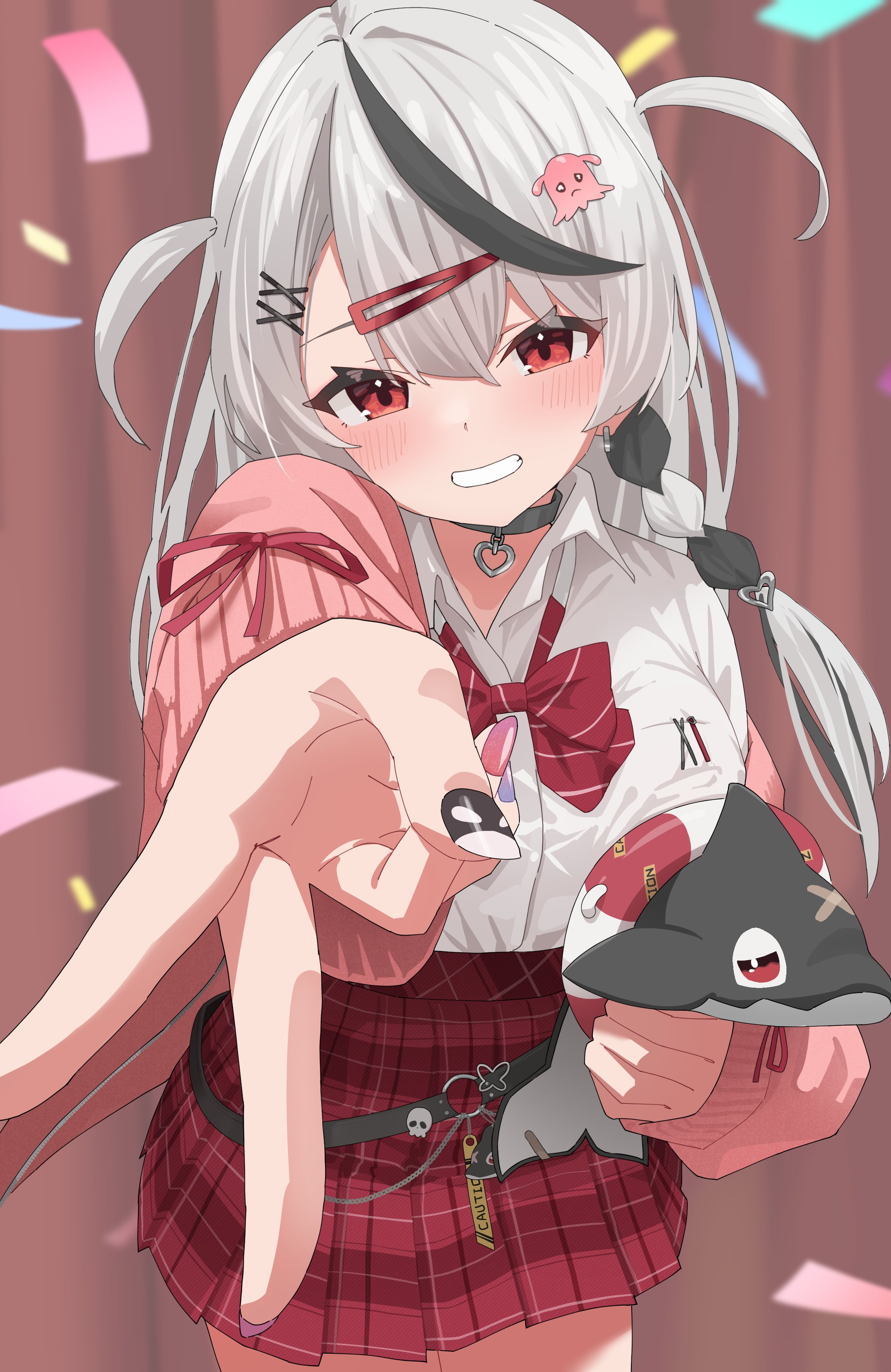 inu (sakamata chloe), sakamata chloe, sakamata chloe (gyarumata), hololive, absurdres, check commentary, commentary request, highres, 1girl, 1nose yuuka, belt collar, black hair, bow, bowtie, braid, cardigan, choker, collar, collared shirt, confetti, cowboy shot, grey hair, grin, gyaru v, hair ornament, hairclip, heart, heart choker, heart hair ornament, holding, long hair, looking at viewer, loose bowtie, multicolored hair, multicolored nails, nail art, pink cardigan, plaid clothes, plaid skirt, red bow, red bowtie, red skirt, shirt, side braid, single braid, skirt, smile, streaked hair, two-tone hair, two side up, v, virtual youtuber, white shirt, x hair ornament