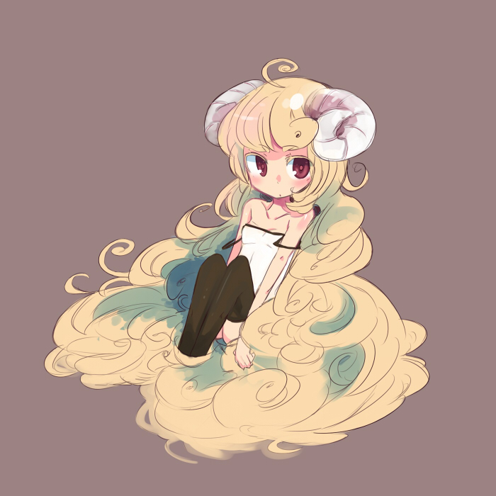 kanikama, sheep (chinese zodiac), original, 1girl, blonde hair, blush, chinese zodiac, curly hair, female focus, horns, long hair, monster girl, purple eyes, sheep, sheep girl, solo, thighhighs, very long hair