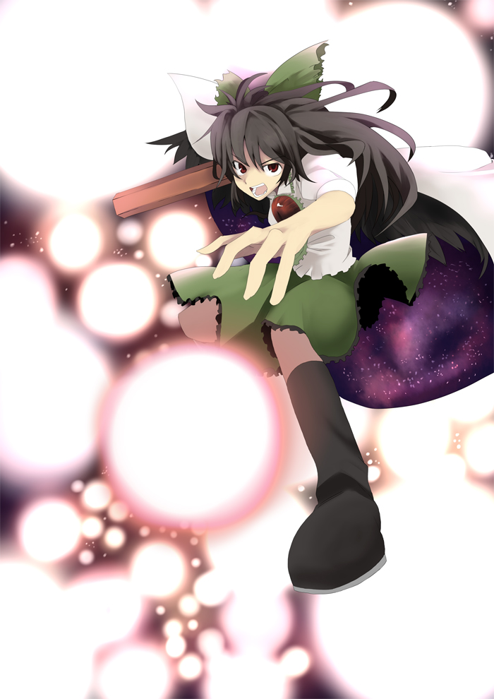 mieharu, reiuji utsuho, touhou, 1girl, black hair, danmaku, female focus, long hair, red eyes, skirt, solo
