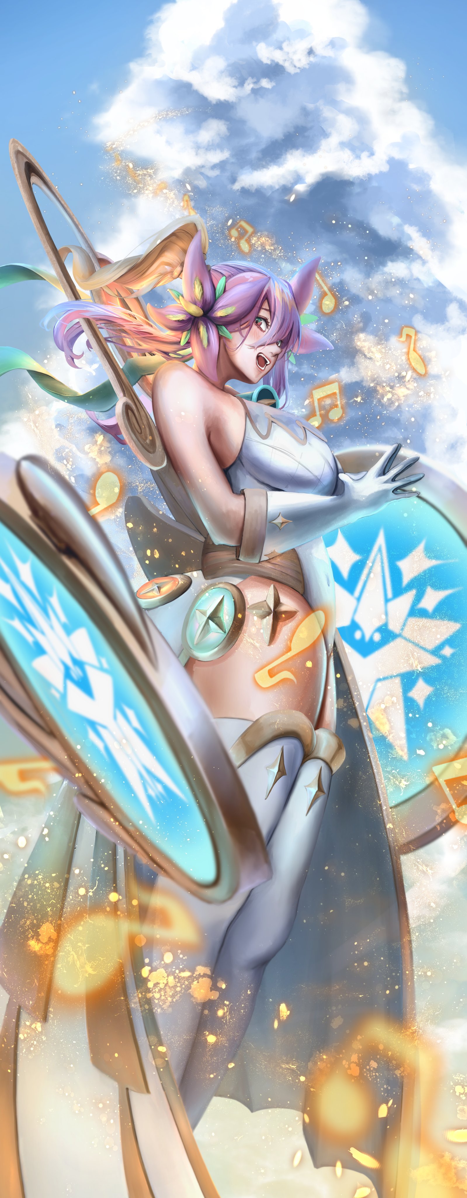 osam, duel masters, absurdres, commentary request, highres, 1girl, beamed eighth notes, blonde hair, blue eyes, blue sky, cloud, cloudy sky, eighth note, elbow gloves, floating hair, flower, from below, from side, gloves, gold trim, green hair ornament, hair between eyes, hair flower, hair ornament, high ponytail, leotard, long hair, looking to the side, multicolored eyes, multicolored hair, musical note, open mouth, pink eyes, pink hair, ponytail, profile, quarter note, rafululu love (duel masters), sky, solo, teeth, thighhighs, weapon, white gloves, white leotard, white thighhighs