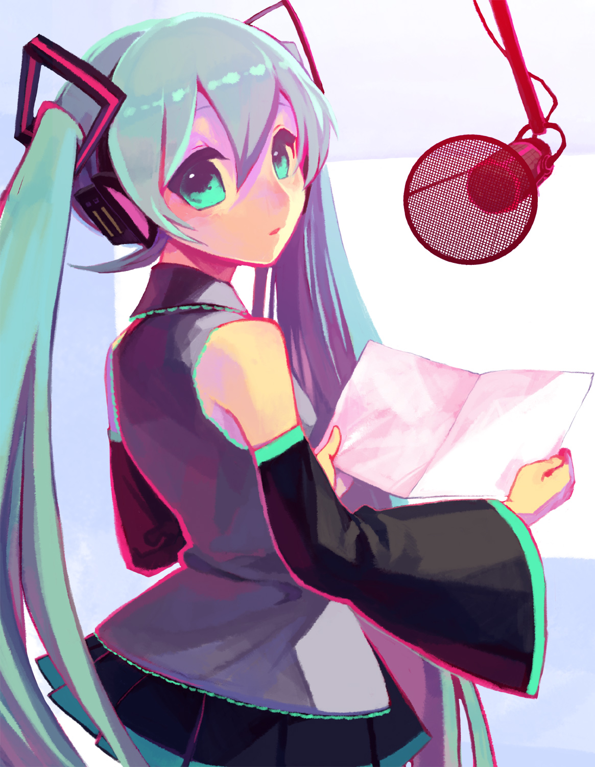 collair (cono), noco (adamas), hatsune miku, vocaloid, bad id, bad pixiv id, highres, 1girl, female focus, headphones, looking back, microphone, recording studio, solo, studio microphone, twintails