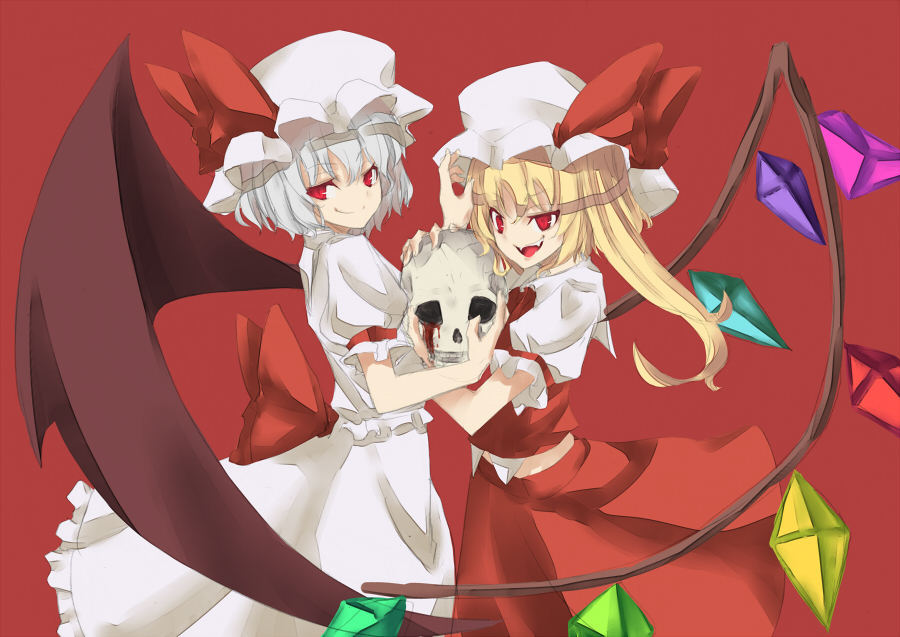nabeshima tetsuhiro, flandre scarlet, remilia scarlet, touhou, silver hair, 2girls, bat wings, blonde hair, blood, female focus, hat, multiple girls, ponytail, red eyes, short hair, siblings, side ponytail, sisters, skull, wings