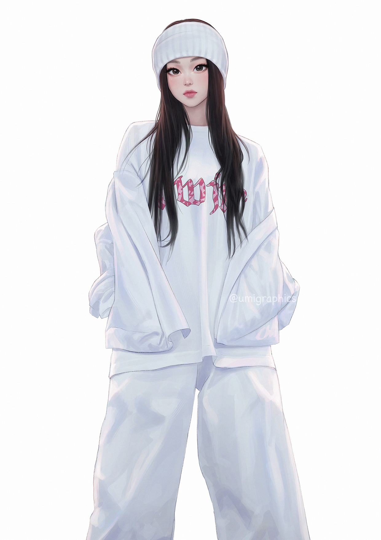 umigraphics, haerin (newjeans), newjeans, real life, commentary, english commentary, highres, 1girl, black hair, brown eyes, jacket, k-pop, lips, long hair, looking at viewer, off shoulder, open clothes, open jacket, pants, shirt, solo, watermark, white background, white jacket, white pants, white shirt