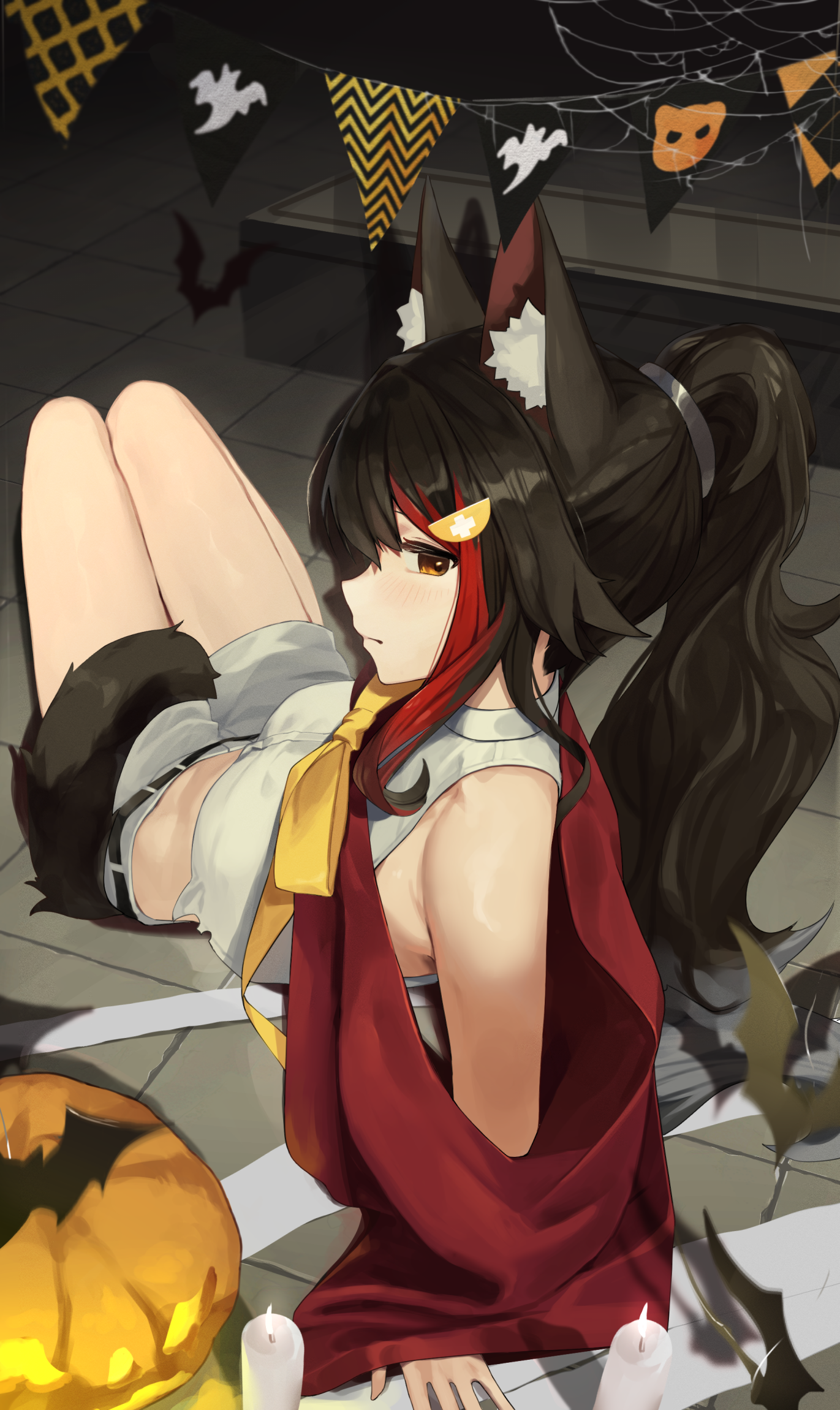 woogi (duguddnr), ookami mio, hololive, commentary request, highres, 1girl, animal ear fluff, animal ears, animal print, bare shoulders, bat print, belt, black belt, black hair, breasts, candle, hair ornament, halloween, indoors, jack-o'-lantern, large breasts, long hair, looking at viewer, midriff, multicolored hair, on floor, ponytail, pumpkin, red hair, shorts, sleeveless, tail, tail around own leg, very long hair, virtual youtuber, white shorts, wolf ears, wolf girl, wolf tail, yellow eyes