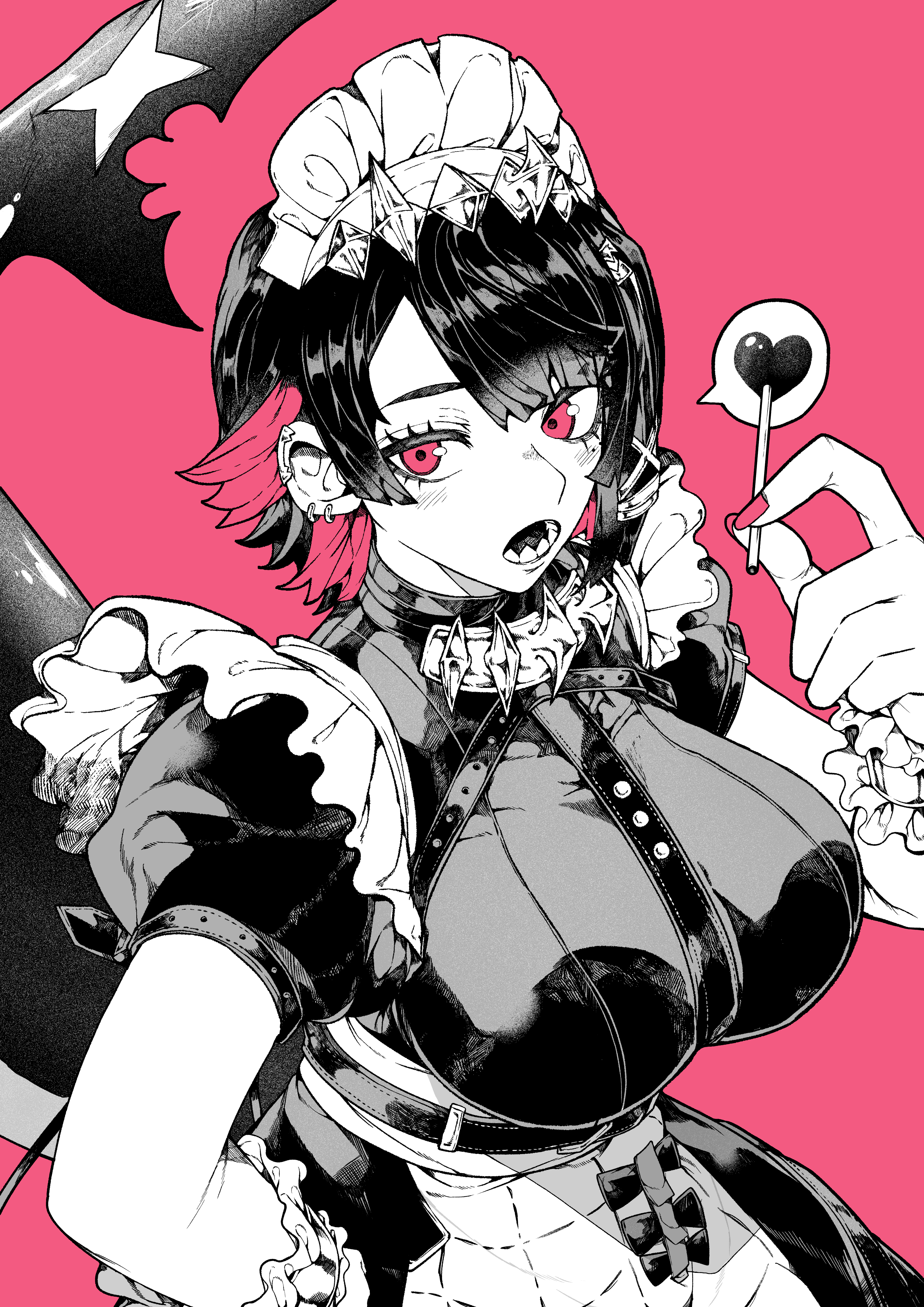 yotsumi shiro, ellen joe, zenless zone zero, absurdres, commentary request, highres, 1girl, black hair, breasts, candy, fins, fish tail, food, greyscale, greyscale with colored background, heart, holding, holding candy, holding food, holding lollipop, large breasts, lollipop, maid, monochrome, multicolored hair, open mouth, pink background, pink hair, red eyes, shark girl, shark tail, sharp teeth, solo, spoken heart, tail, teeth, two-tone hair