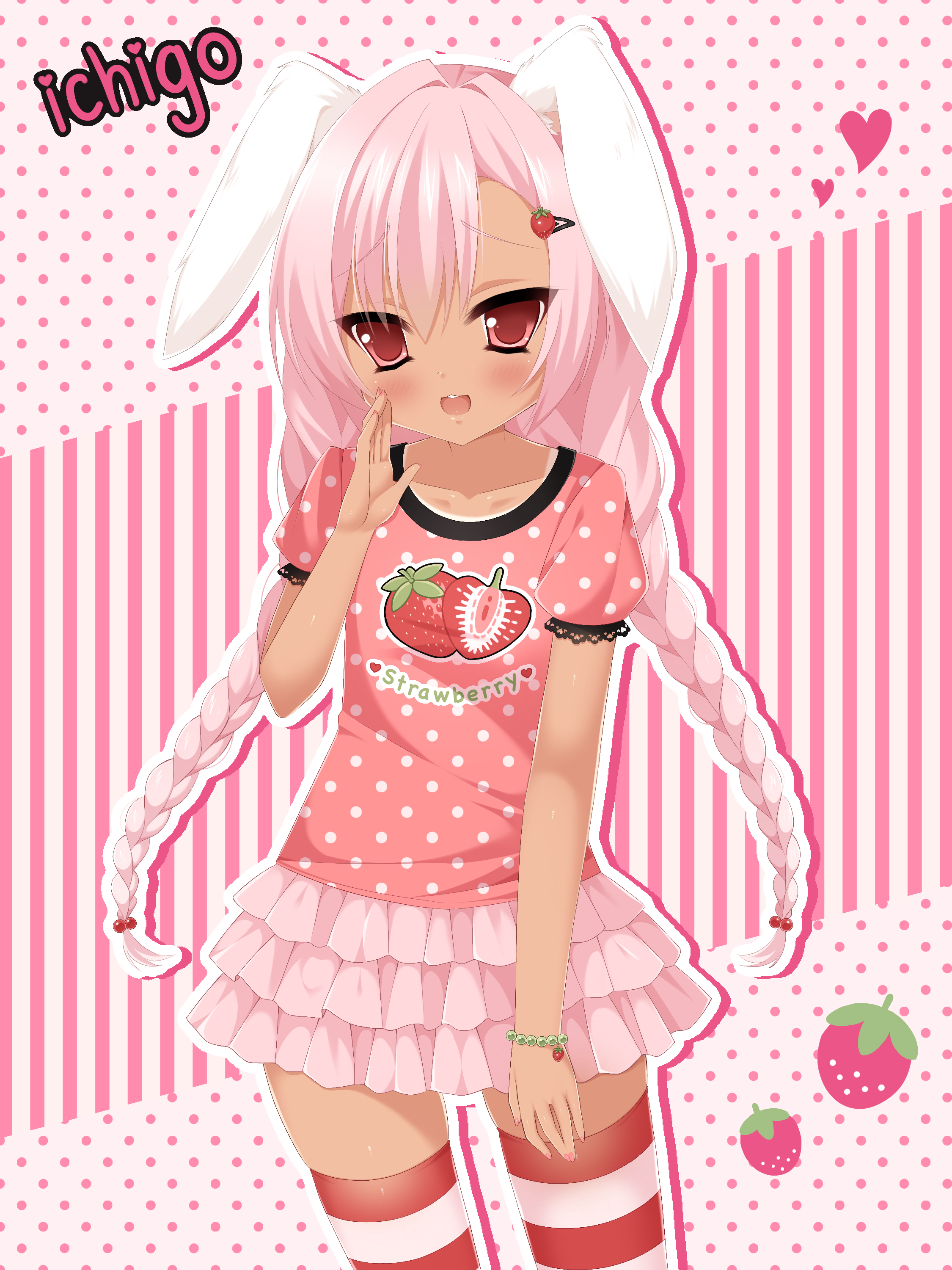 original, absurdres, commentary request, highres, 1girl, 2000s (style), animal ears, asako (pixiv 87105321), bead bracelet, beads, blush, bracelet, braid, cowboy shot, dark-skinned female, dark skin, faux retro artstyle, food-themed hair ornament, food print, frilled skirt, frills, fruit print, hair ornament, heisei retro, jewelry, long hair, looking at viewer, low twin braids, pink eyes, pink hair, pink skirt, polka dot, polka dot shirt, rabbit ears, rabbit girl, shirt, skirt, solo, standing, strawberry hair ornament, strawberry print, striped background, striped clothes, striped thighhighs, tan, thighhighs, twin braids
