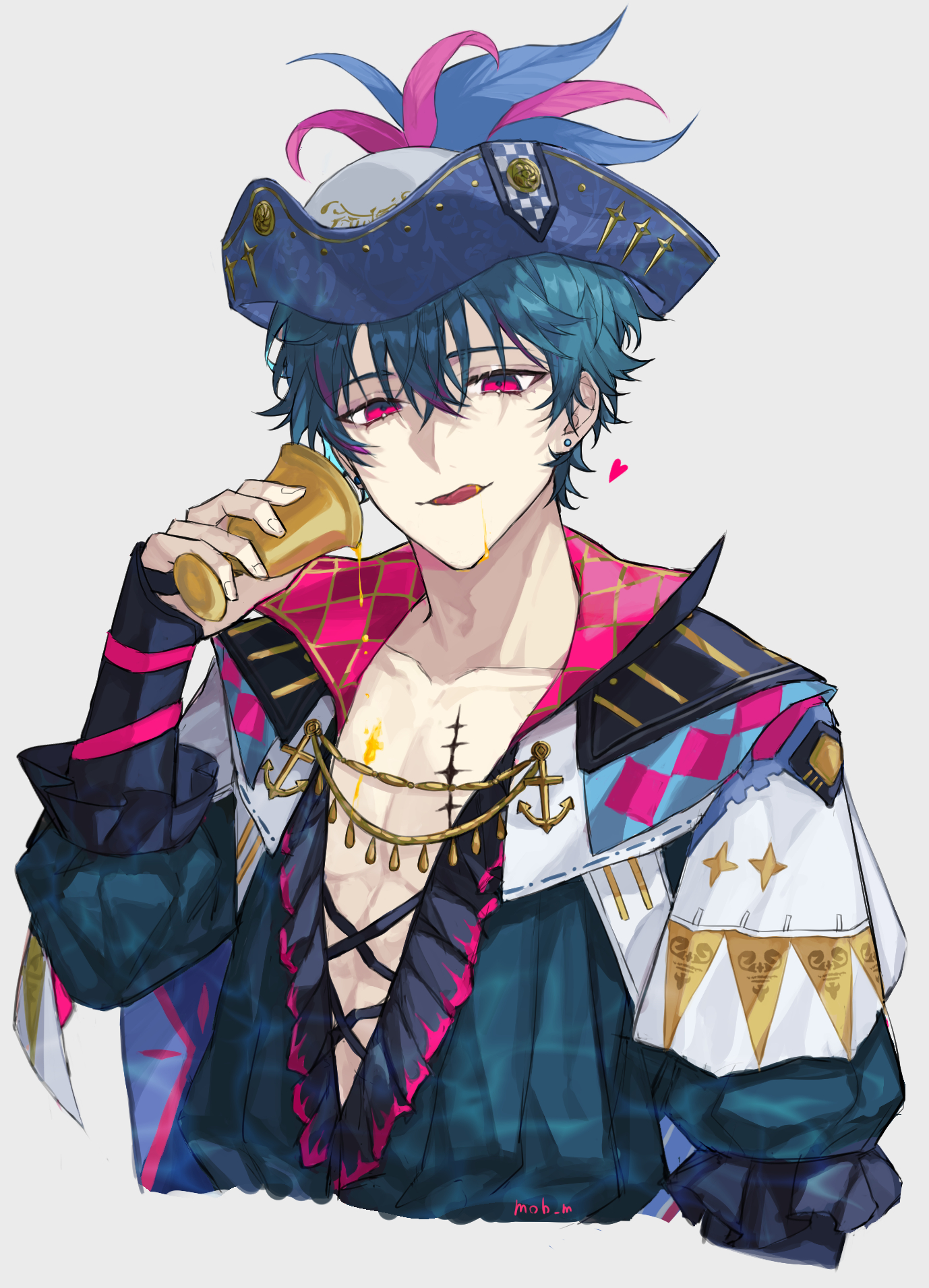 brant (wuthering waves), wuthering waves, commentary request, highres, 1boy, anchor ornament, argyle clothes, arm ribbon, artist name, blue cape, blue hair, blue hat, blue shirt, blush, cape, collarbone, cup, earrings, emblem, fingernails, frills, hair between eyes, half-closed eyes, hand up, hat, hat feather, hat ornament, heart, holding, holding cup, jewelry, long sleeves, looking at viewer, male focus, open mouth, pink eyes, pink shirt, pino hu mgmg, pirate hat, puffy long sleeves, puffy sleeves, ribbon, shirt, short hair, simple background, smile, solo, star (symbol), star print, tongue, tongue out, two-sided cape, two-sided fabric, two-sided headwear, two-sided shirt, upper body, white background, white cape, white hat