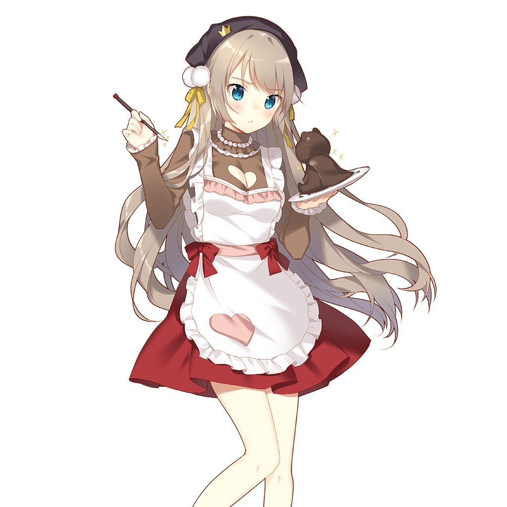 rie (reverie), uchi no hime-sama ga ichiban kawaii, commentary request, 1girl, apron, aqua eyes, bandana, black bandana, braid, breasts, brown shirt, cleavage cutout, clothing cutout, frilled apron, frilled sleeves, frills, hair between eyes, holding, holding knife, knife, lidelle esquire, long hair, long sleeves, medium breasts, red skirt, shirt, skirt, very long hair, white apron