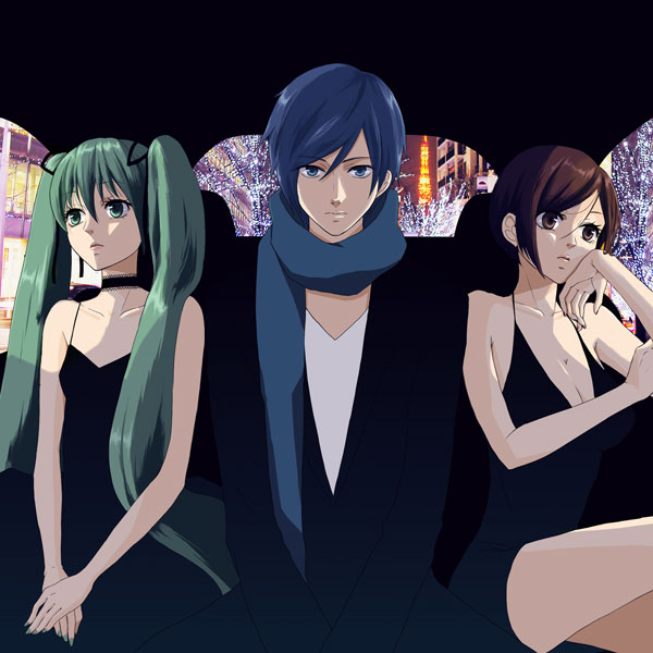 yunomi (yunomi imonuy), hatsune miku, kaito (vocaloid), meiko (vocaloid), vocaloid, bad id, bad piapro id, 1boy, 2girls, aqua eyes, aqua hair, black dress, blue eyes, blue hair, blue scarf, breasts, brown eyes, brown hair, cleavage, cup, dress, girl sandwich, long hair, medium breasts, multiple girls, sandwiched, scarf, short hair, small breasts, twintails, yunomi