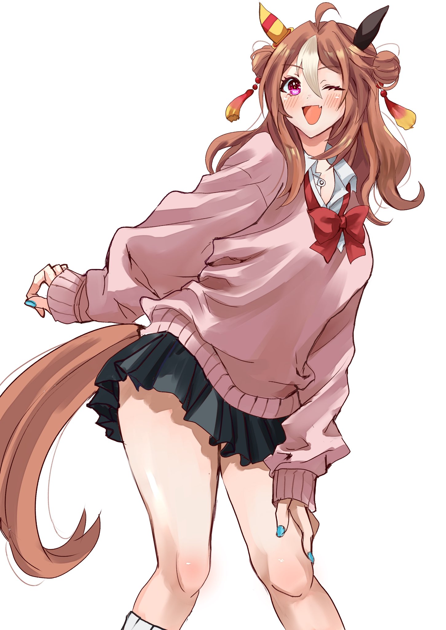 riiko25chan, copano rickey (umamusume), umamusume, highres, 1girl, ahoge, animal ears, black skirt, blue nails, blush, bow, breasts, brown hair, cardigan, collared shirt, double bun, ear covers, fang, hair between eyes, hair bun, hair ornament, horse ears, horse girl, horse tail, long hair, looking at viewer, mismatched ear covers, multicolored hair, one eye closed, open mouth, pink cardigan, pleated skirt, purple eyes, red bow, shirt, simple background, skirt, smile, solo, tail, tassel, tassel hair ornament, white background, white hair, white shirt