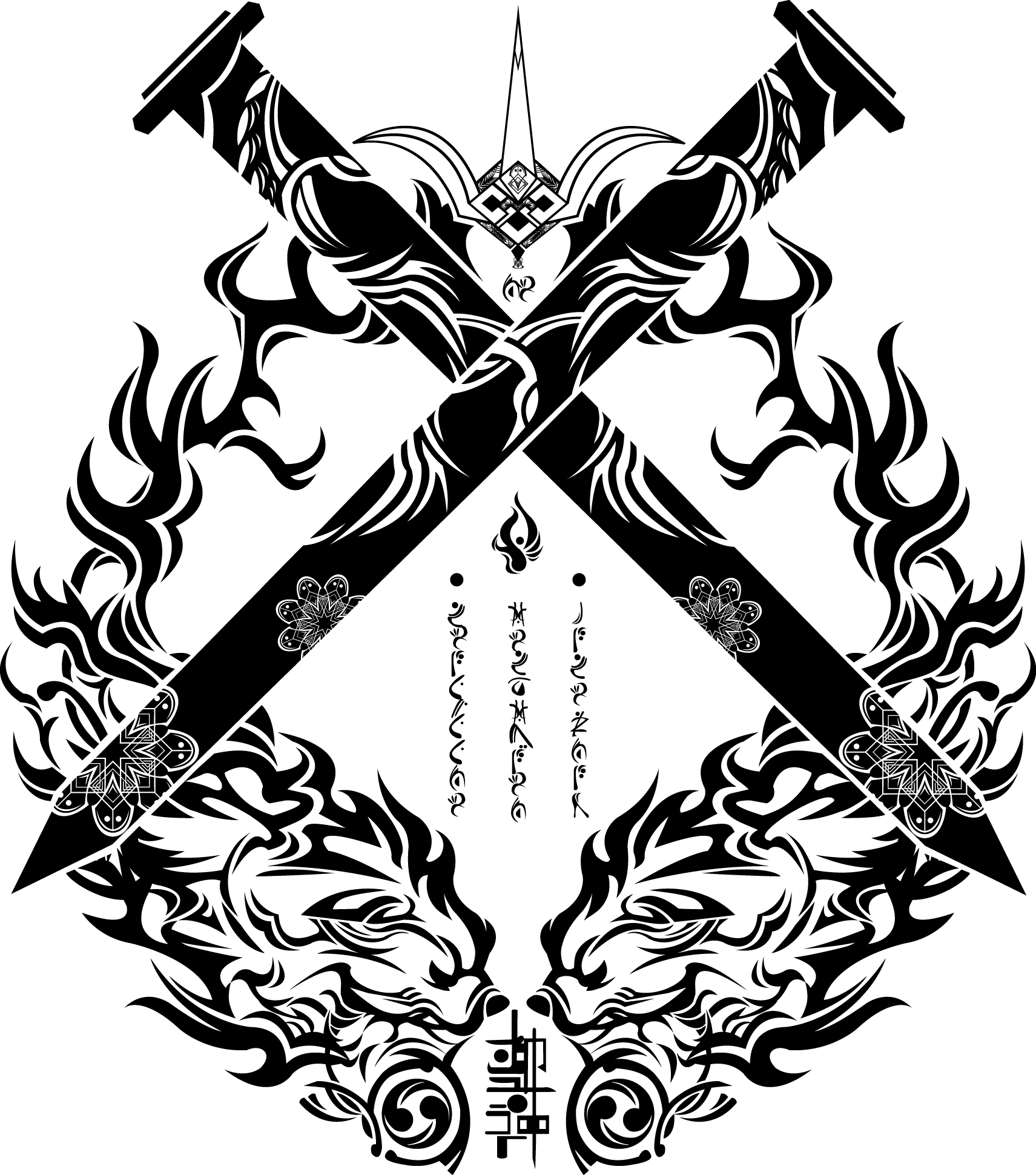 shishigami bang, arc system works, blazblue, highres, official art, crest, greyscale, monochrome, transparent background