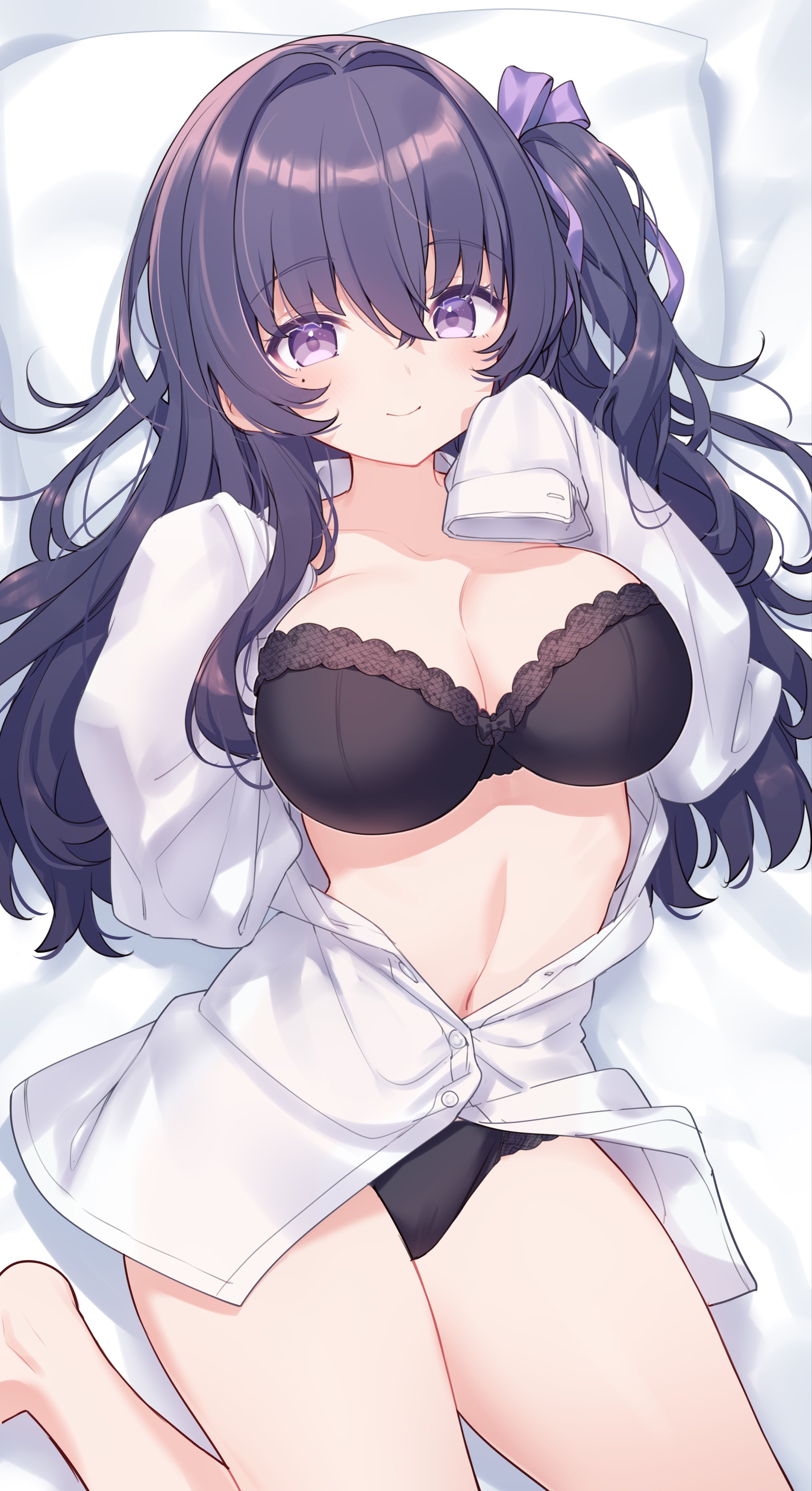 hiraga matsuri, original, absurdres, commentary, commission, highres, skeb commission, 1girl, black bra, black panties, blush, bra, breasts, cleavage, closed mouth, collarbone, cowboy shot, hair between eyes, hair ribbon, hand up, large breasts, long hair, long sleeves, looking at viewer, lying, navel, on back, on bed, one side up, open clothes, open shirt, panties, purple eyes, purple hair, purple ribbon, ribbon, shirt, sleeves past fingers, sleeves past wrists, smile, solo, underwear, white shirt