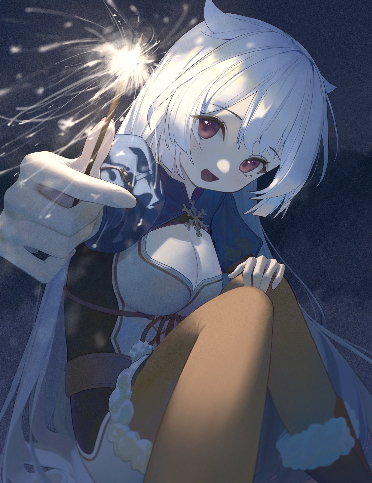 komodo, fuyuka (stella sora), stella sora, commentary, highres, 1girl, belt, blue shrug, boots, breasts, brown belt, brown boots, cleavage, feet out of frame, fireworks, foreshortening, fur-trimmed boots, fur-trimmed leotard, fur trim, hair flaps, head tilt, holding, holding fireworks, knees together feet apart, knees up, leotard, light blush, long hair, looking at viewer, medium breasts, night, open mouth, pom pom (clothes), red eyes, shrug (clothing), sitting, smile, snowflake brooch, solo, sparkler, very long hair, white hair, white leotard, yellow leggings