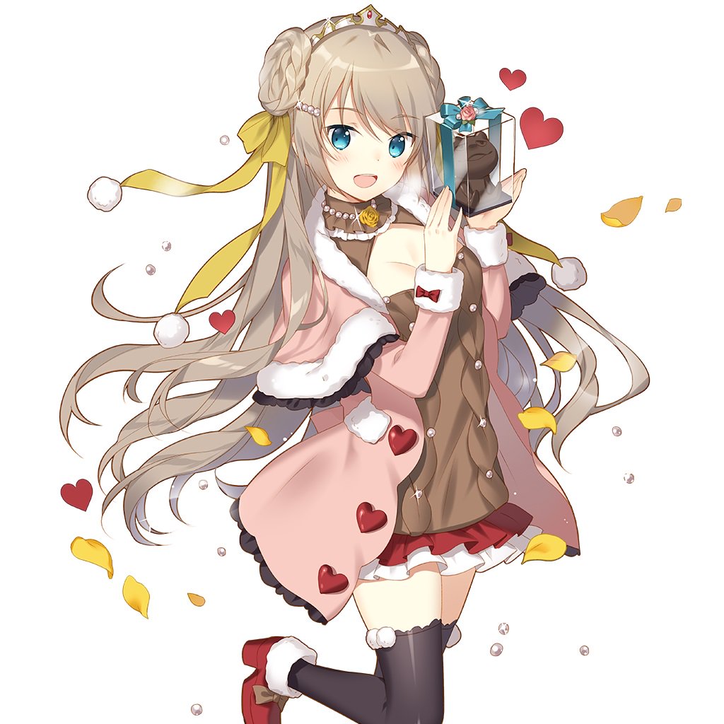 rie (reverie), uchi no hime-sama ga ichiban kawaii, commentary request, 1girl, aqua eyes, bead necklace, beads, black thighhighs, bow, box, braid, breasts, brown sweater, cleavage, coat, fur-trimmed coat, fur-trimmed shoes, fur trim, gift, gift box, hair between eyes, hair bow, hair ornament, hairclip, holding, holding gift, jewelry, lidelle esquire, long hair, medium breasts, necklace, open mouth, pink coat, red shoes, red skirt, shoes, silver tiara, skirt, sweater, thighhighs, very long hair, yellow bow