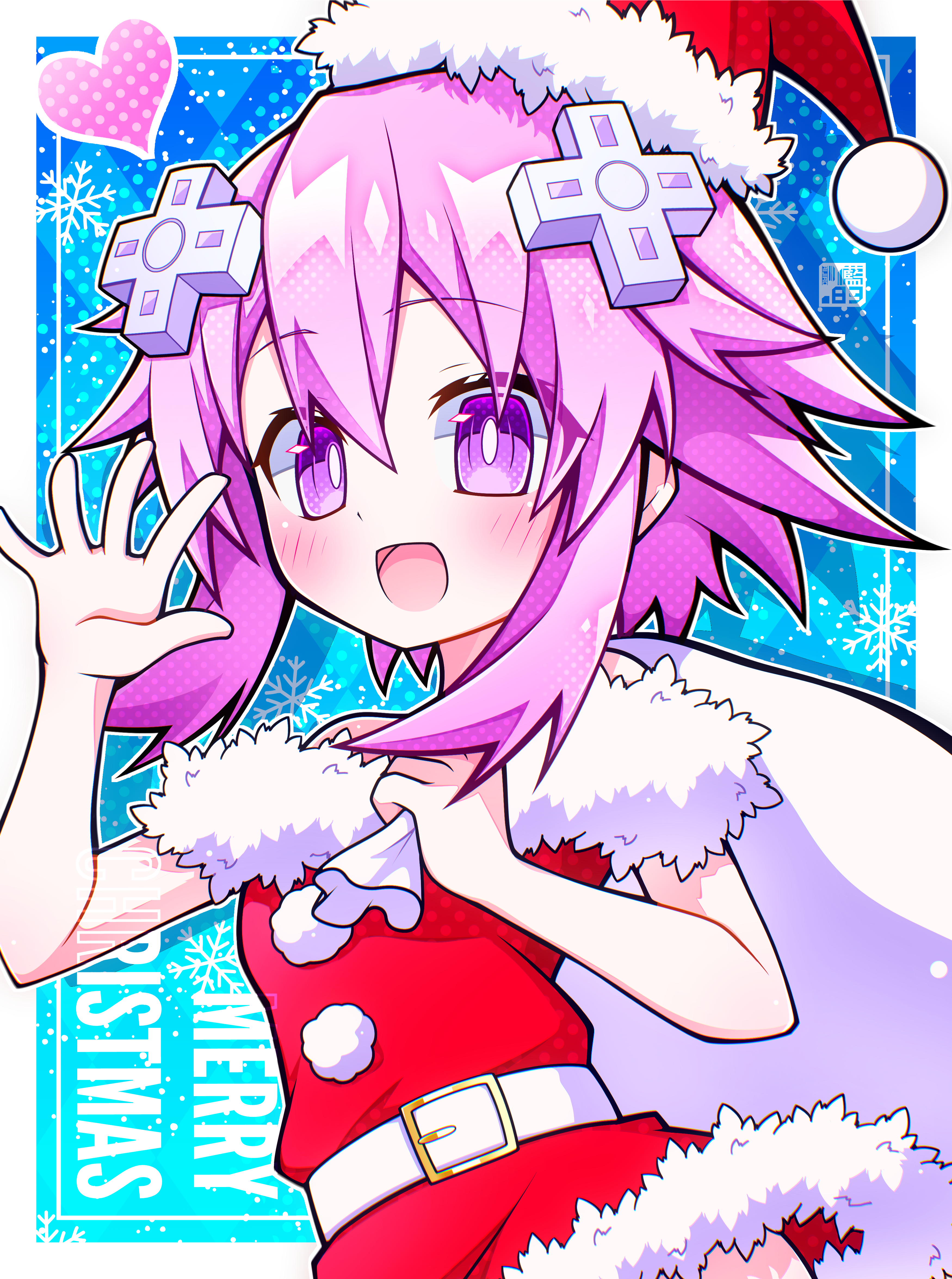 aijiro83, neptune (neptunia), neptune (series), absurdres, commentary, highres, 1girl, bare shoulders, blush, christmas, d-pad, d-pad hair ornament, dress, english text, fur-trimmed dress, fur-trimmed headwear, fur trim, hair ornament, hat, heart, merry christmas, open mouth, purple eyes, purple hair, sack, santa costume, santa dress, santa hat, short hair, sidelocks, smile, snowflakes, solo