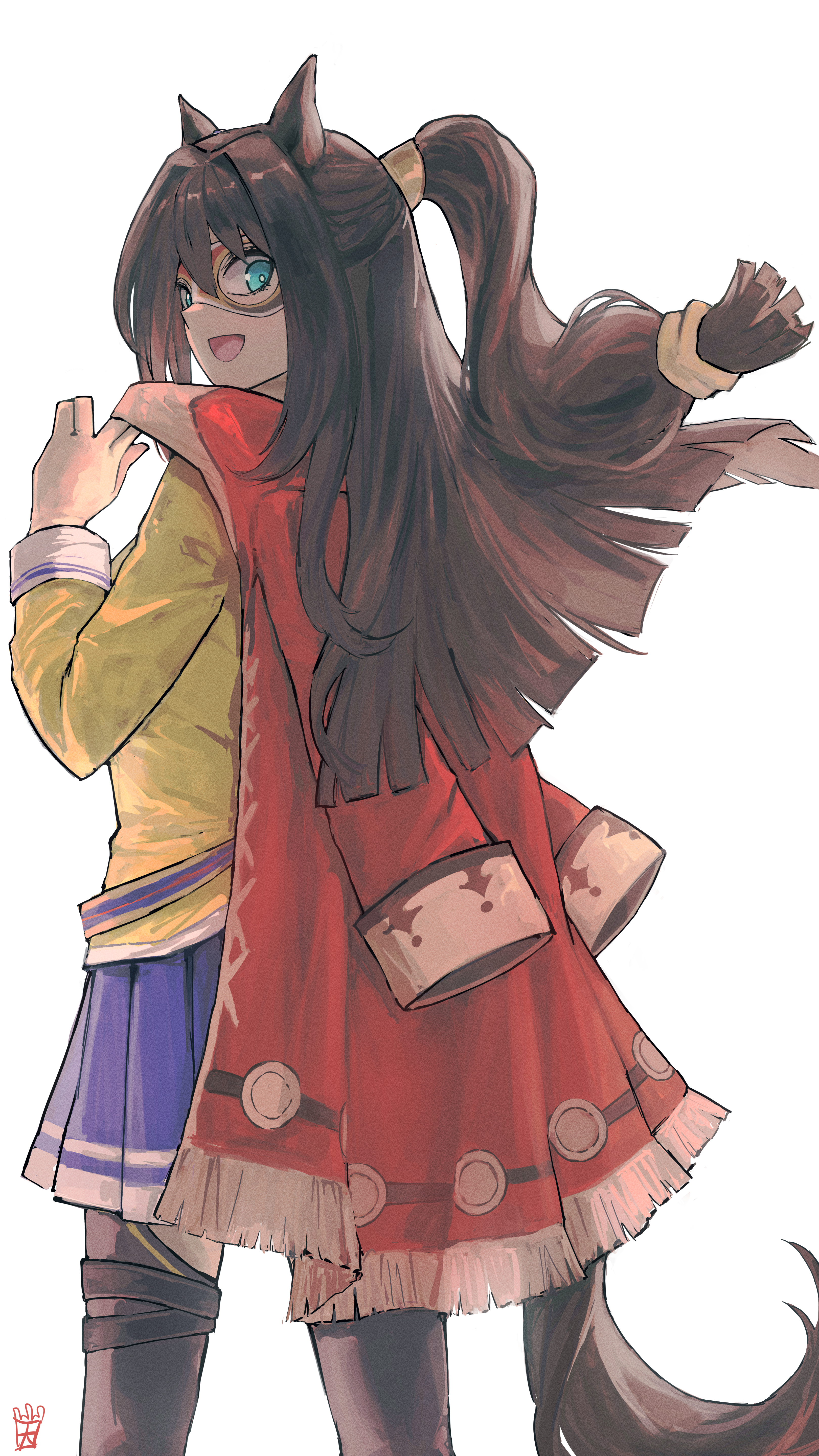 ootato, el condor pasa (el numero 1) (umamusume), el condor pasa (umamusume), umamusume, absurdres, highres, 1girl, animal ears, black thighhighs, blue eyes, brown hair, coat, domino mask, eye mask, hair between eyes, holding, holding coat, holding unworn clothes, horse ears, horse girl, horse tail, jacket, long hair, long sleeves, looking at viewer, looking back, mask, open mouth, pleated skirt, ponytail, purple skirt, red coat, red jacket, shirt, simple background, skirt, smile, solo, tail, thighhighs, unworn coat, white background, yellow shirt