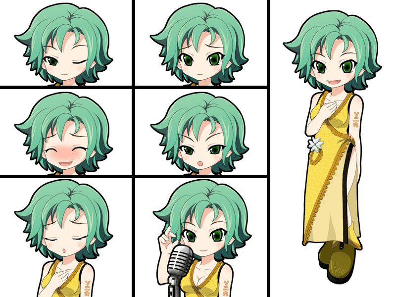 mameshiba (pixiv 59310), sonika, vocaloid, animated, animated gif, 1girl, :d, :o, blush, breasts, cleavage, closed eyes, dress, female focus, green eyes, green hair, hand on own chest, lip sync model, lipsync model, matching hair/eyes, microphone, multiple expressions, one eye closed, open mouth, short hair, small breasts, smile, solo, tattoo, wink