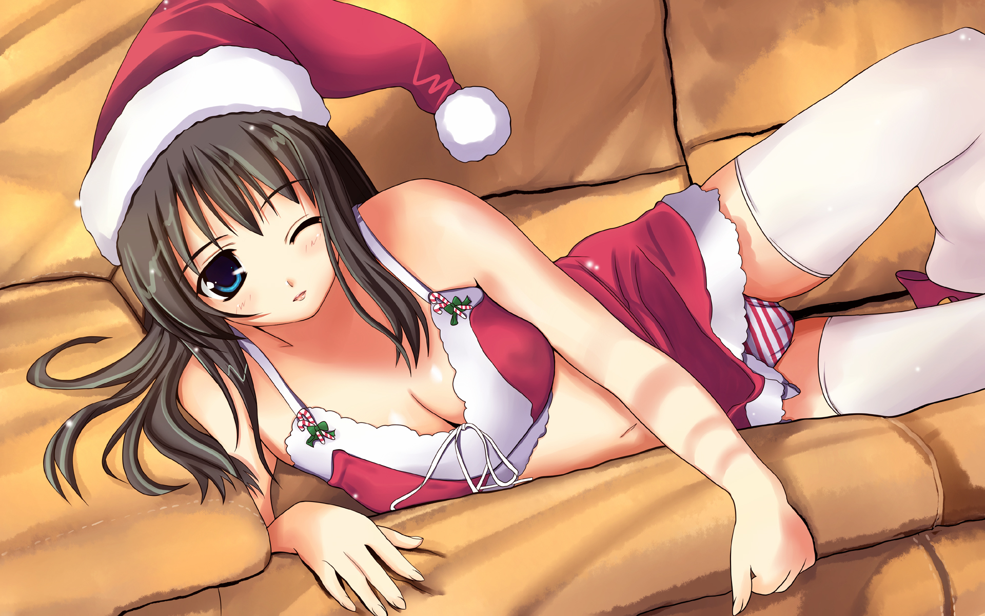 pettaka, bad id, bad pixiv id, highres, 1girl, black hair, blue eyes, breasts, christmas, cleavage, female focus, hat, midriff, panties, pantyshot, santa costume, santa hat, solo, striped clothes, striped panties, thighhighs, underwear