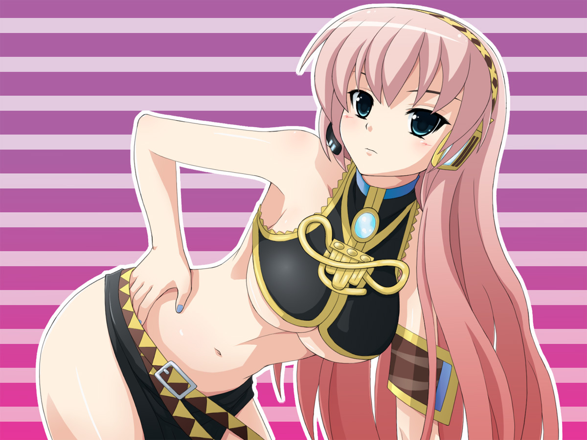 mameshiba (pixiv 59310), megurine luka, vocaloid, 1girl, breasts, female focus, headphones, headset, large breasts, long hair, midriff, nail polish, navel, pink hair, skirt, solo, underboob