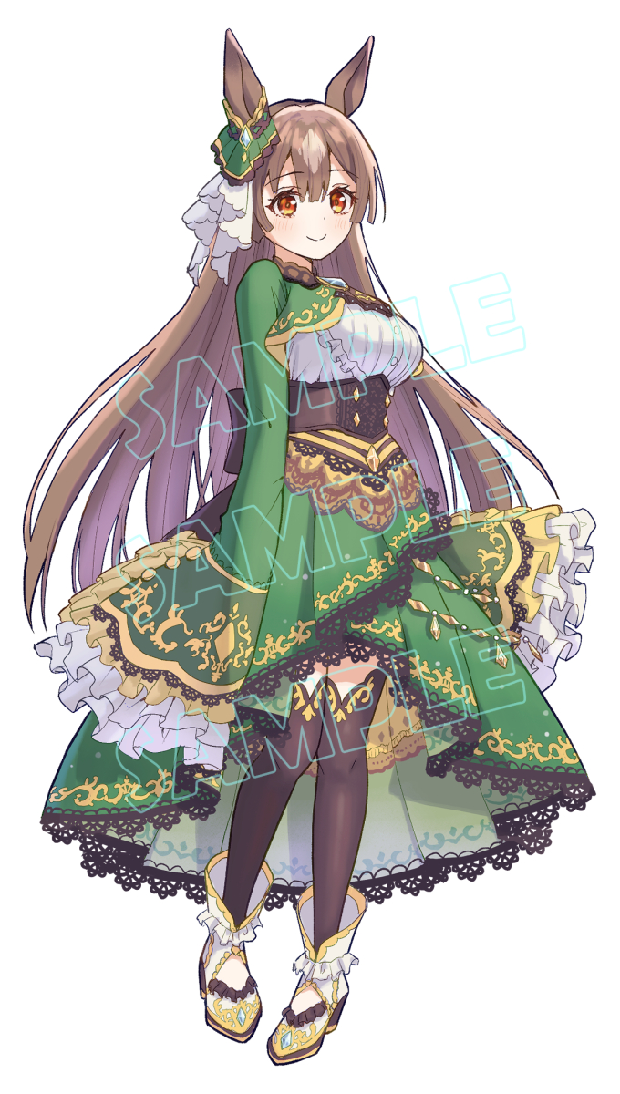 shiroiro en, satono diamond (natural brilliance) (umamusume), satono diamond (umamusume), umamusume, commentary request, highres, 1girl, animal ears, black corset, black thighhighs, blush, bow, breasts, brown hair, closed mouth, comiket 107, corset, cropped jacket, ear ribbon, green jacket, green skirt, hair between eyes, high heels, horse ears, horse girl, jacket, large breasts, long hair, looking at viewer, orange eyes, ribbon, shirt, shoes, skirt, sleeves past fingers, sleeves past wrists, smile, solo, thighhighs, white ribbon, white shirt, white shoes