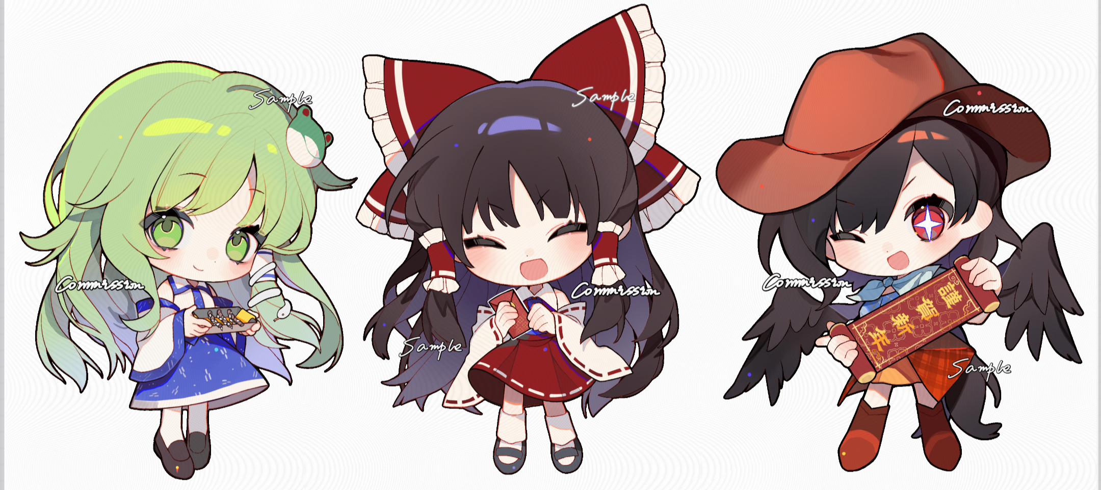 yinco, hakurei reimu, kochiya sanae, kurokoma saki, touhou, commission, highres, + +, 3girls, :d, ;d, ^ ^, ascot, black hair, black shoes, black wings, blue ascot, blue skirt, boots, bow, brown boots, brown hat, chibi, chibi only, closed eyes, closed mouth, collared shirt, cowboy hat, detached sleeves, facing viewer, food, frilled bow, frilled hair tubes, frills, frog hair ornament, full body, green eyes, green hair, hair bow, hair ornament, hair tubes, happy new year, hat, holding, holding food, holding scroll, hongbao, loafers, long hair, long sleeves, looking at viewer, mary janes, multiple girls, new year, one eye closed, open mouth, red bow, red eyes, red ribbon, red shirt, red skirt, ribbon, ribbon-trimmed skirt, ribbon-trimmed sleeves, ribbon trim, scroll, shirt, shoes, simple background, skirt, sleeveless, sleeveless shirt, smile, snake hair ornament, socks, very long hair, watermark, white background, white ribbon, white shirt, white sleeves, white socks, wide sleeves, wings