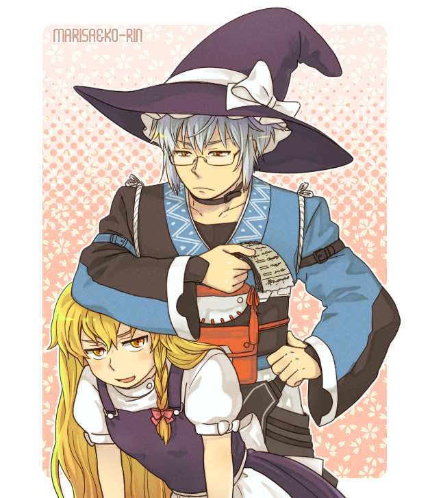 nanonin, kirisame marisa, morichika rinnosuke, curiosities of lotus asia, touhou, silver hair, bad id, bad pixiv id, 1boy, 1girl, blonde hair, braid, dress, frown, glasses, halftone, halftone background, hand on own hip, hat, hip focus, leaning, witch, witch hat, yellow eyes