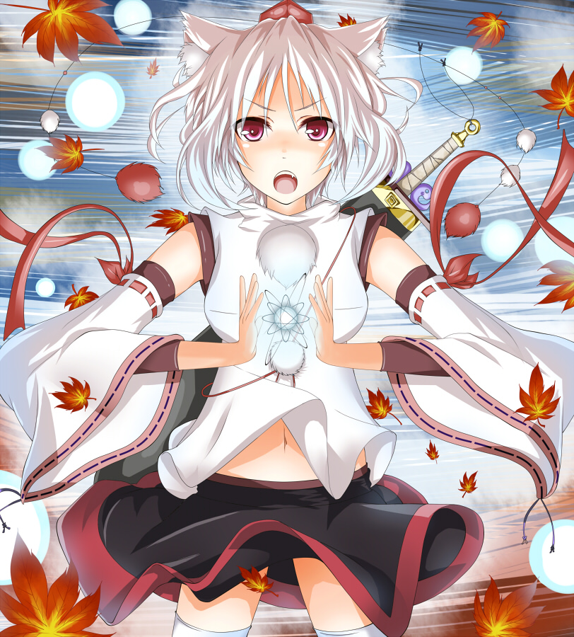 tokijiro, inubashiri momiji, touhou, silver hair, bad id, bad pixiv id, 1girl, animal ears, danmaku, detached sleeves, female focus, hat, leaf, navel, red eyes, short hair, solo, sword, thighhighs, tokin hat, weapon, wind, wolf ears