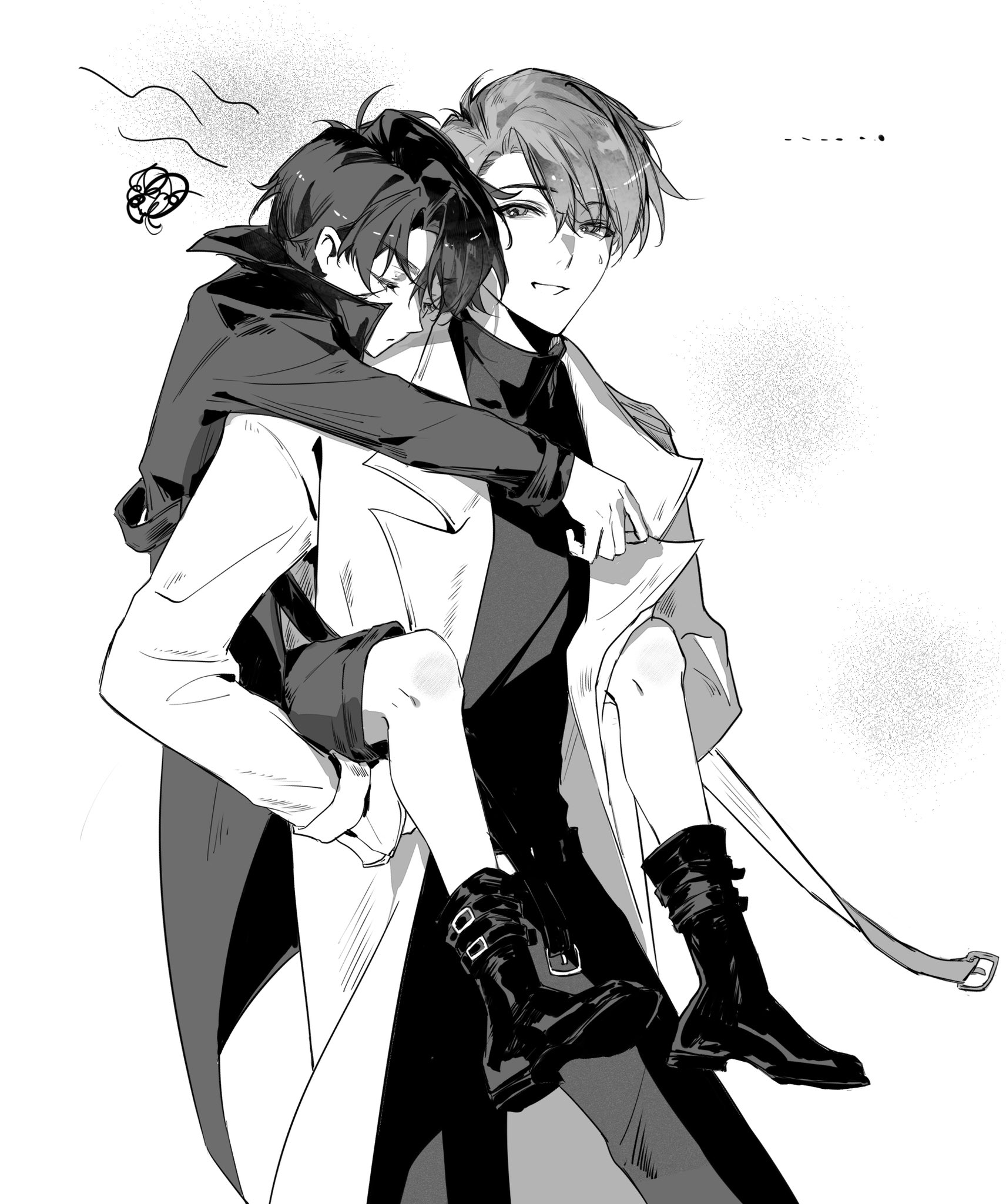 yoo joonghyuk, omniscient reader's viewpoint, highres, 2boys, asaki an, black coat, black hair, boots, carrying, closed eyes, coat, greyscale, high collar, lee hakhyun, looking at viewer, male focus, monochrome, multiple boys, open clothes, open coat, piggyback, popped collar, scar, scar across eye, scar on face, short hair, squiggle, sweatdrop, white coat