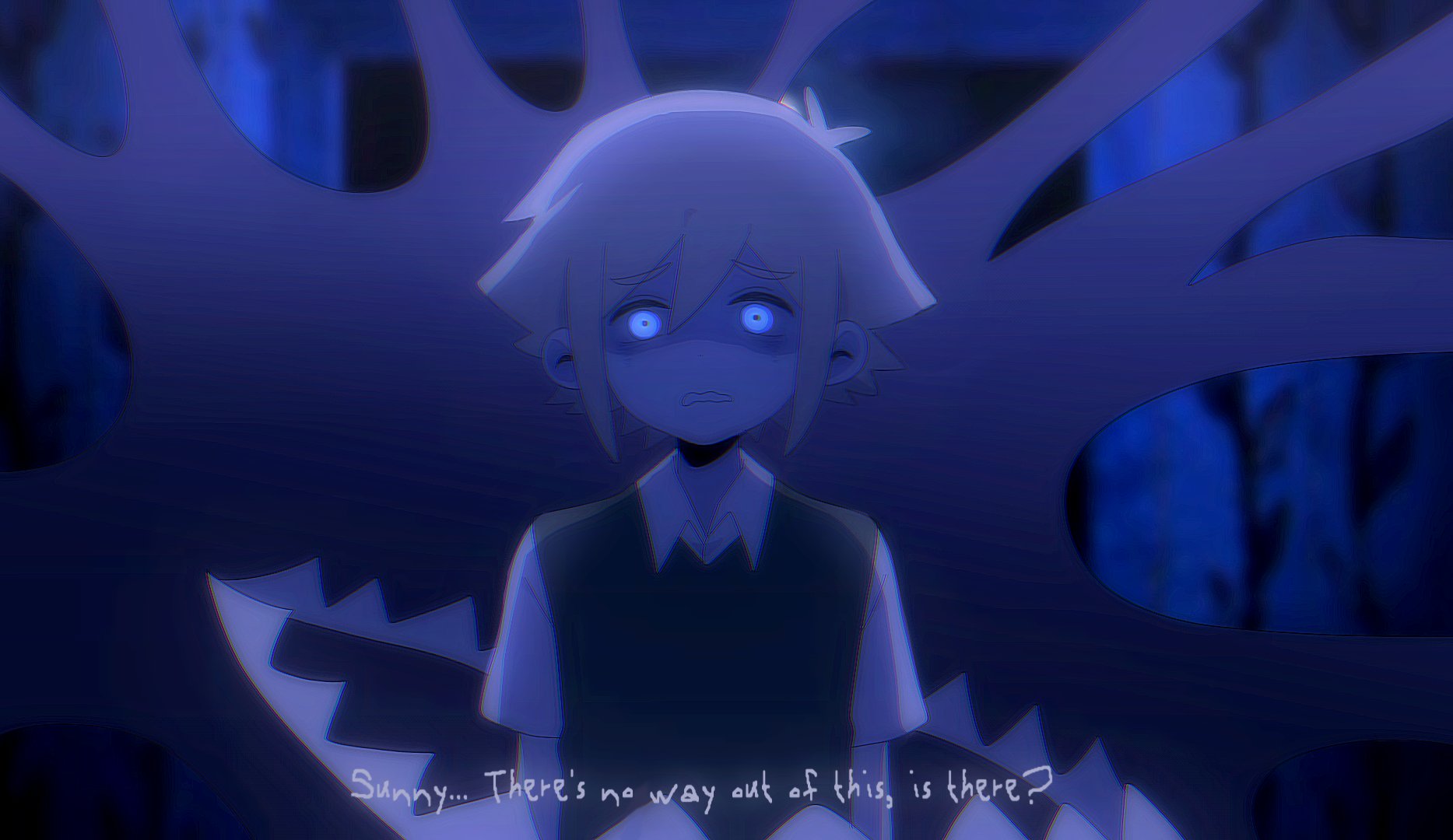 my loleeta, basil (faraway) (omori), basil (omori), something (omori), omori, highres, spoilers, 1boy, antenna hair, arms at sides, backlighting, black sweater vest, blonde hair, blue eyes, blue theme, chromatic aberration, clenched teeth, collared shirt, double-parted bangs, english text, film grain, flipped hair, glowing, glowing eyes, hair between eyes, heavy film grain, indoors, looking at viewer, male focus, raised inner eyebrows, scene reference, screenshot background, shaded face, sharp teeth, shirt, short hair, short sleeves, sidelocks, simple background, solo, straight-on, subtitled, sweater vest, tareme, teeth, upper body, white shirt, window