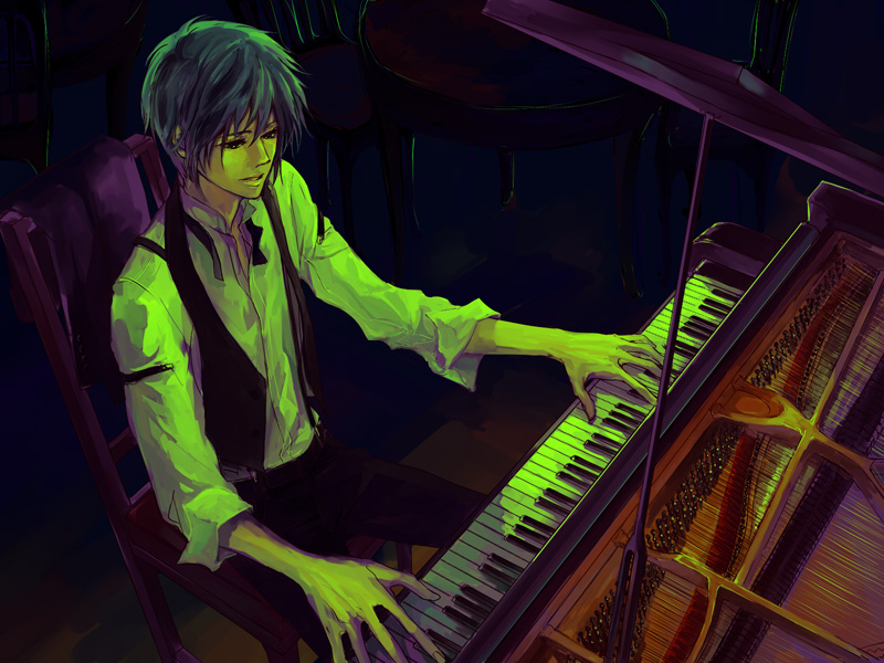 nr, nr (takeno), kaito (vocaloid), vocaloid, bad id, bad pixiv id, 1boy, blue eyes, blue hair, formal clothes, grand piano, instrument, male focus, matching hair/eyes, piano, short hair, sitting, solo, suit