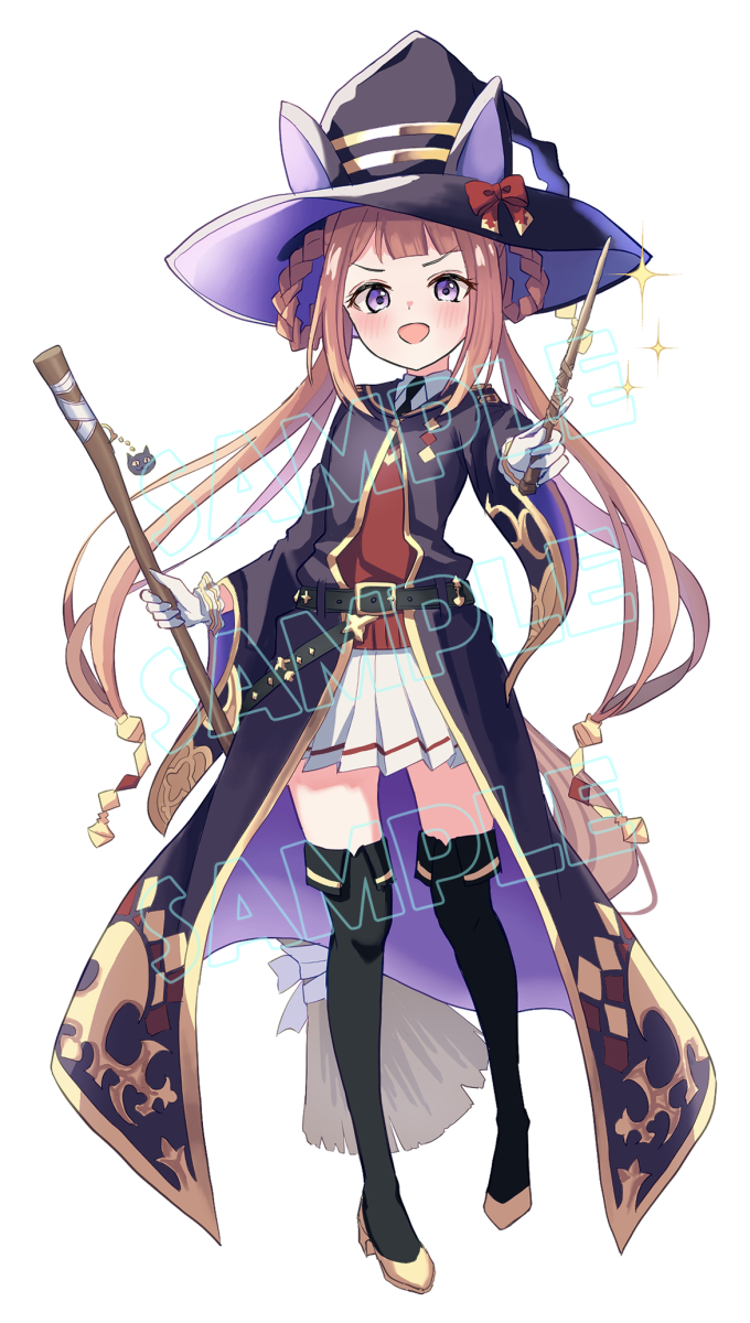 shiroiro en, sweep tosho (platanus witch) (umamusume), sweep tosho (umamusume), umamusume, commentary request, highres, 1girl, black boots, black coat, black hat, black necktie, boots, braid, braided hair rings, brown hair, coat, collared shirt, comiket 107, ears through headwear, gloves, hair rings, hat, holding, holding staff, long hair, looking at viewer, necktie, open clothes, open coat, pleated skirt, purple eyes, red sweater, shirt, skirt, solo, sparkle, staff, sweater, thigh boots, white gloves, white shirt, white skirt, witch, witch hat