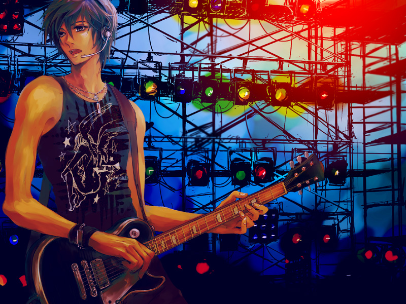 nr, nr (takeno), kaito (vocaloid), vocaloid, bad id, bad pixiv id, 1boy, blue eyes, blue hair, gibson les paul, guitar, headset, instrument, jewelry, male focus, matching hair/eyes, necklace, scarf, short hair, solo