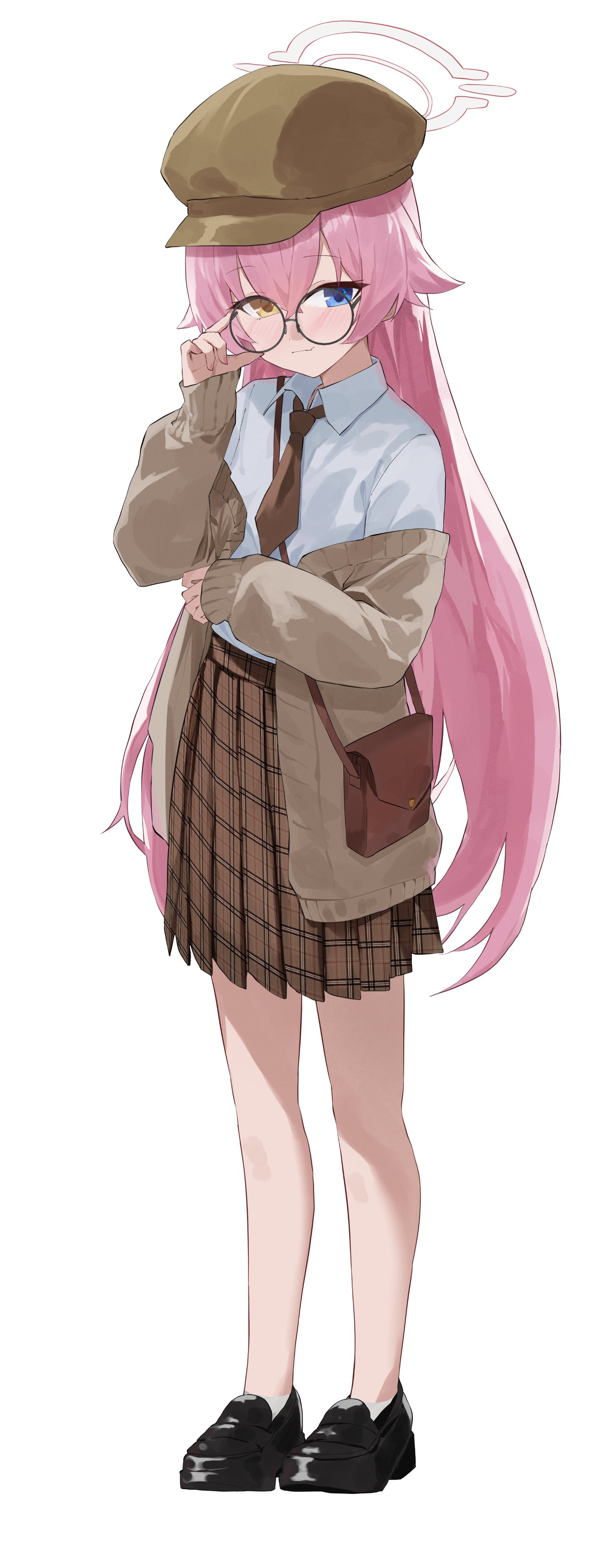 evening rabbit, hoshino (blue archive), blue archive, absurdres, commentary request, highres, 1girl, adjusting eyewear, alternate costume, bag, bespectacled, black-framed eyewear, black shoes, blue eyes, brown bag, brown cardigan, brown hat, brown necktie, brown skirt, cardigan, cardigan partially removed, closed mouth, collared shirt, double-parted bangs, fang, full body, glasses, hair between eyes, halo, hat, heterochromia, loafers, long hair, long sleeves, looking at viewer, necktie, newsboy cap, off shoulder, pink hair, pink halo, pink nails, plaid clothes, plaid skirt, pleated skirt, round eyewear, shirt, shoes, shoulder bag, simple background, skin fang, skirt, smile, socks, solo, white background, white shirt, white socks, yellow eyes