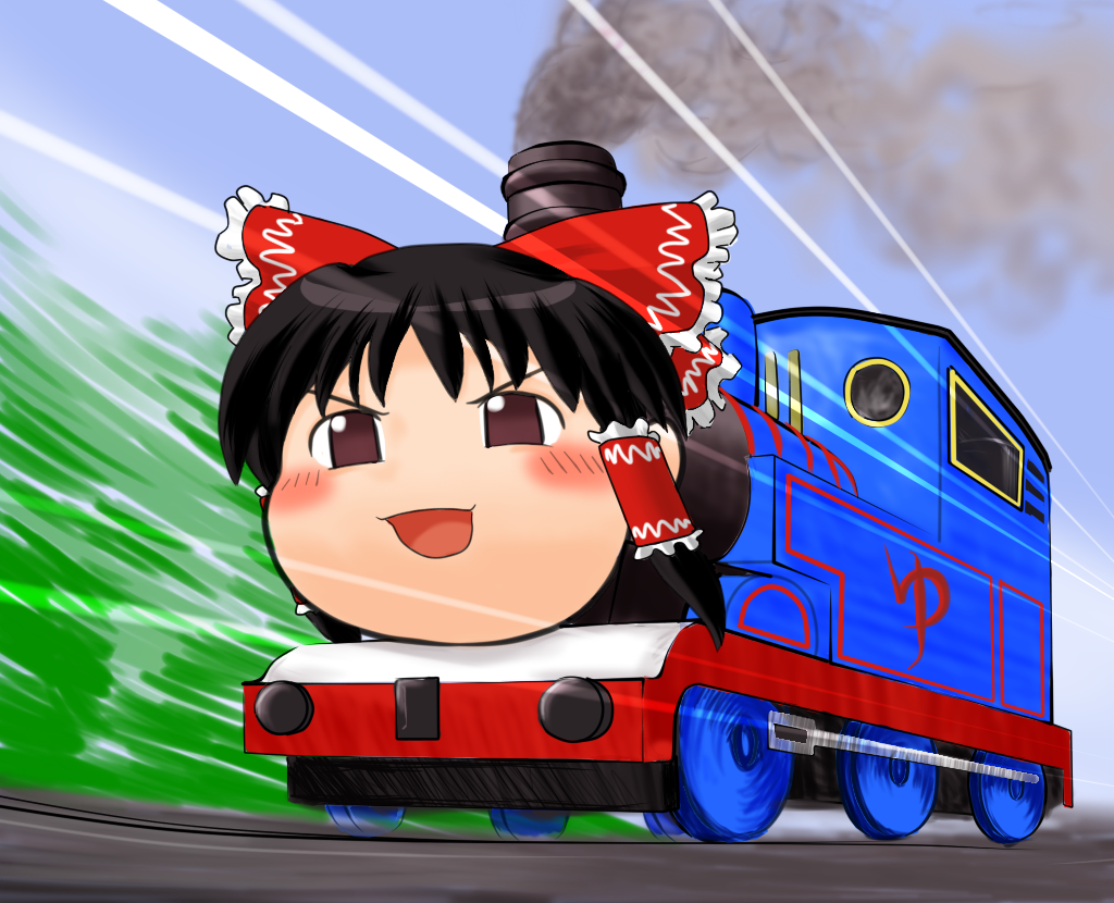 kyphosus, hakurei reimu, thomas the tank engine (series), touhou, crossover, locomotive, no humans, parody, ribbon, steam locomotive, train, what, yukkuri shiteitte ne
