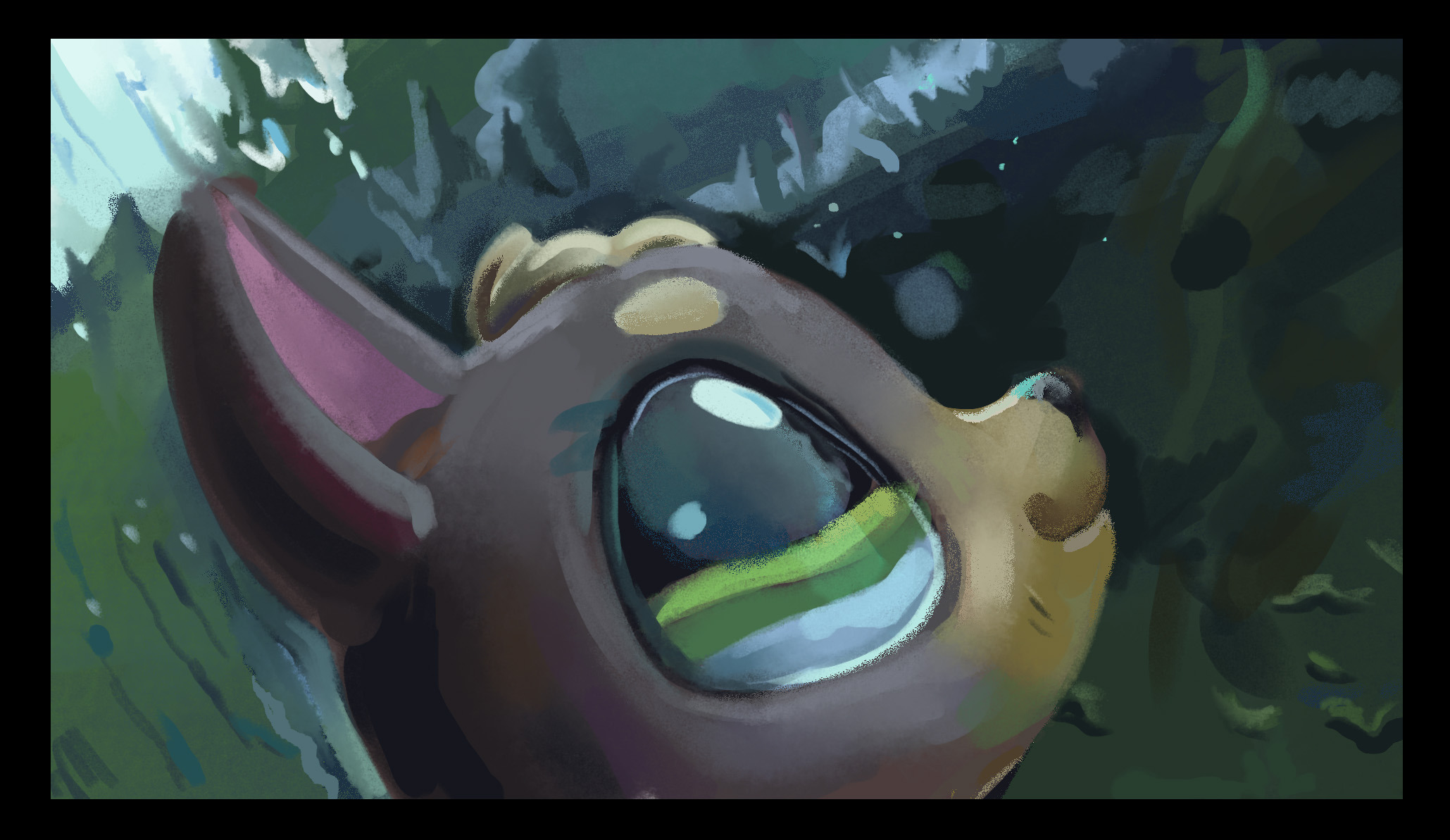 starpaw0007, littlest pet shop, art study, color study, commentary, english commentary, highres, photo-referenced, animal, animal focus, black border, border, dog, green eyes, looking up, lps shepherd 2137, no humans, object focus, outdoors, painterly, realistic, toy