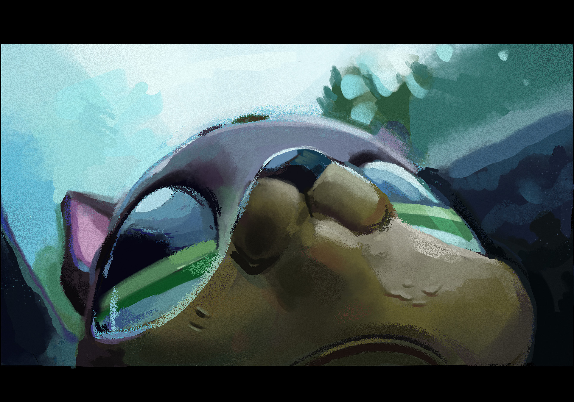 starpaw0007, littlest pet shop, art study, color study, commentary, english commentary, highres, photo-referenced, animal, animal focus, black border, border, dog, green eyes, looking up, lps shepherd 2137, no humans, object focus, outdoors, painterly, realistic, toy