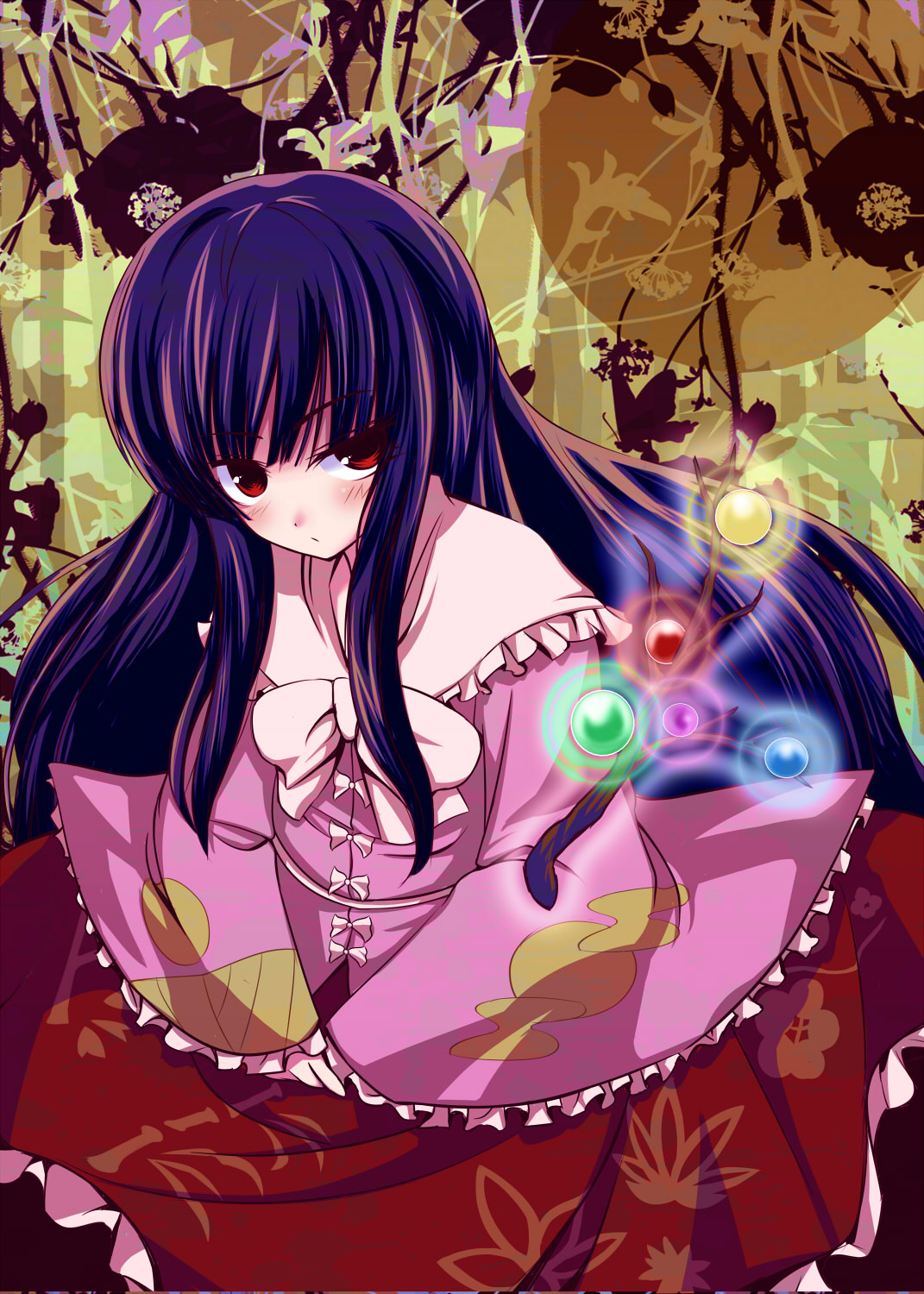 tori rui, houraisan kaguya, touhou, highres, 1girl, black hair, female focus, long hair, purple hair, red eyes, solo