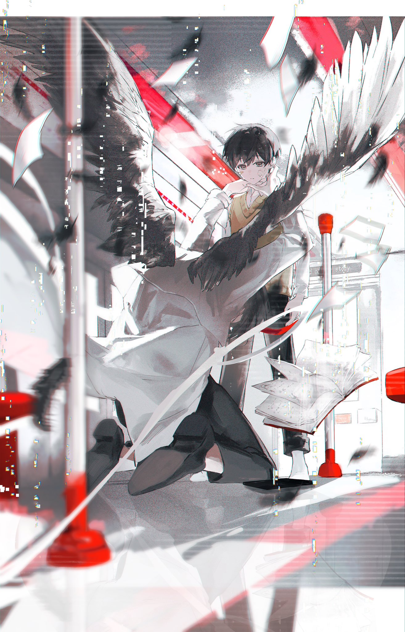 kim dokja, oldest dream, omniscient reader's viewpoint, commentary request, highres, 2boys, asaki an, bandage on face, bandages, black hair, black wings, book, chromatic aberration, coat, dual persona, exhausted, falling feathers, falling paper, feathered wings, feathers, full body, glitch, hands up, implied suicide, indoors, kneeling, multiple boys, open book, reaching, reaching towards another, shirt, short hair, strangling, train interior, vest, white coat, white shirt, wings, yellow vest