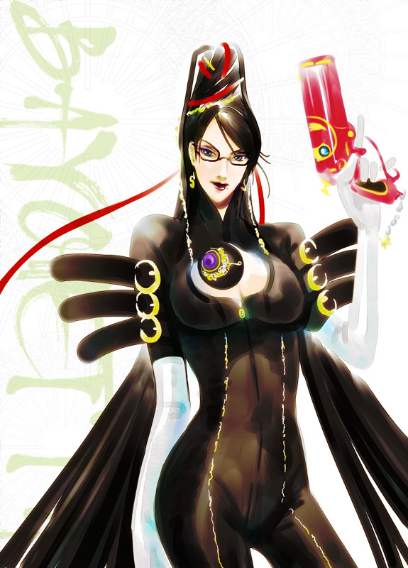 yurihisa washitaka, yurihisa watashitaka, bayonetta, bayonetta (series), black hair, blue eyes, bodysuit, earrings, glasses, gun, jewelry, long hair, mole, very long hair, weapon