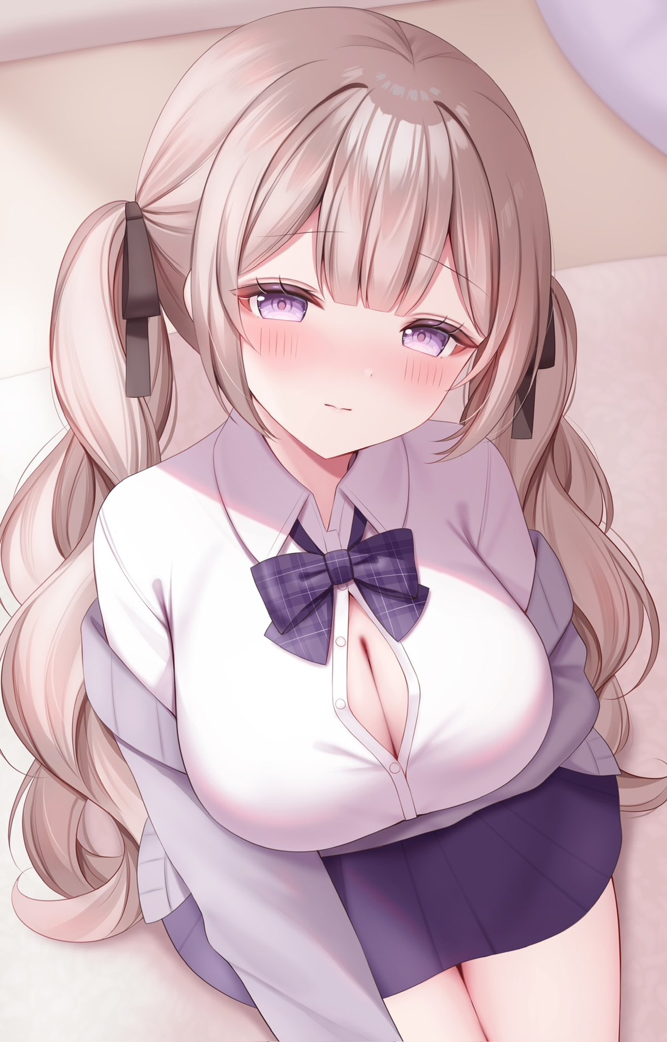 komari mhy, original, commentary, highres, symbol-only commentary, 1girl, arm under breasts, black bow, black bowtie, black skirt, blush, bow, bowtie, breasts, brown hair, button gap, buttons, cardigan, cleavage, closed mouth, collared shirt, day, double-parted bangs, from above, grey cardigan, hair ribbon, head tilt, indoors, large breasts, light smile, long hair, long sleeves, looking at viewer, off shoulder, partially unbuttoned, plaid bow, plaid bowtie, plaid clothes, purple eyes, ribbon, shirt, sidelocks, sitting, skirt, solo, thighs, twintails, very long hair, white shirt