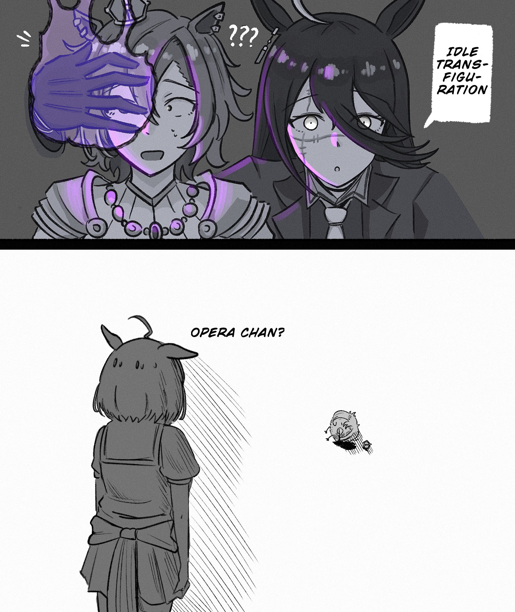 johnholl0w, manhattan cafe (umamusume), meisho doto (umamusume), t.m. opera o (o sole suo!) (umamusume), t.m. opera o (umamusume), jujutsu kaisen, umamusume, commentary, english commentary, highres, 3girls, ?, ??, ahoge, animal ears, animalization, bird, blood, coat, collared shirt, crown, ear tag, earrings, gloves, hair between eyes, horse ears, horse girl, horse tail, jewelry, long bangs, long hair, long hair between eyes, long sleeves, manhattan cafe (creeping shadow) (umamusume), monochrome, multicolored hair, multiple girls, necktie, open mouth, puffy short sleeves, puffy sleeves, sailor collar, sailor shirt, scar, scar on face, school uniform, shirt, short hair, short sleeves, single earring, skirt, speech bubble, spot color, tail, tracen school uniform