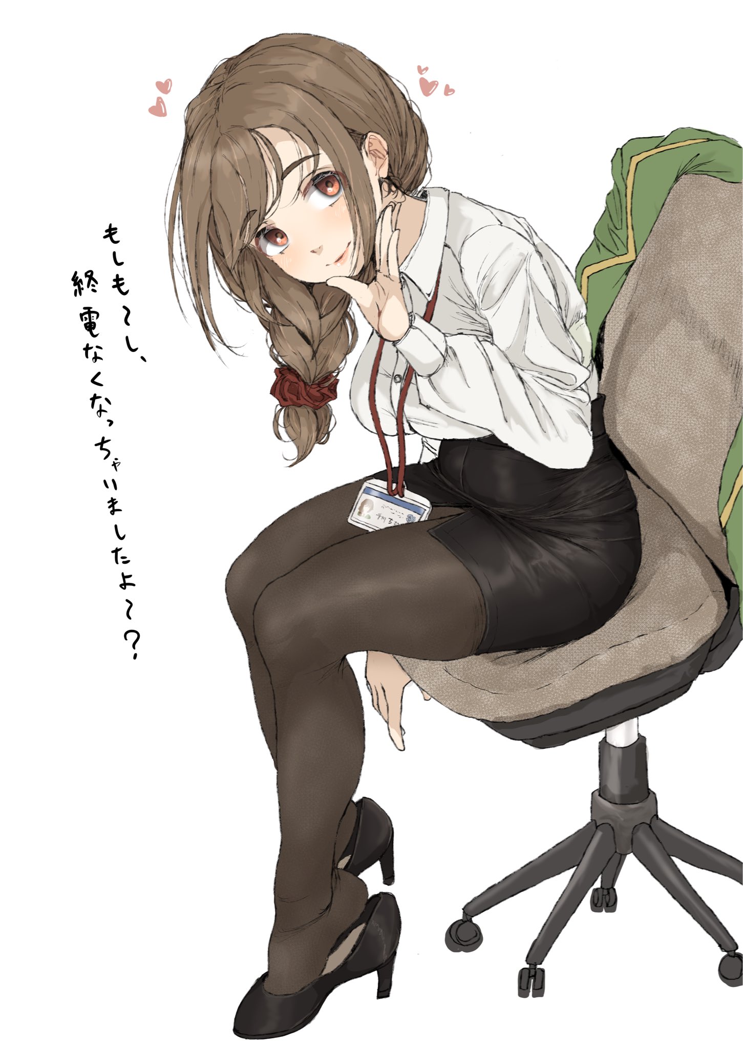 gatsby ssl, senkawa chihiro, idolmaster, idolmaster cinderella girls, commentary request, highres, blouse, braid, breasts, brown eyes, brown hair, formal clothes, heart, high heels, kneehighs, large breasts, long hair, miniskirt, shirt, simple background, skirt, smile, socks, suit, white background