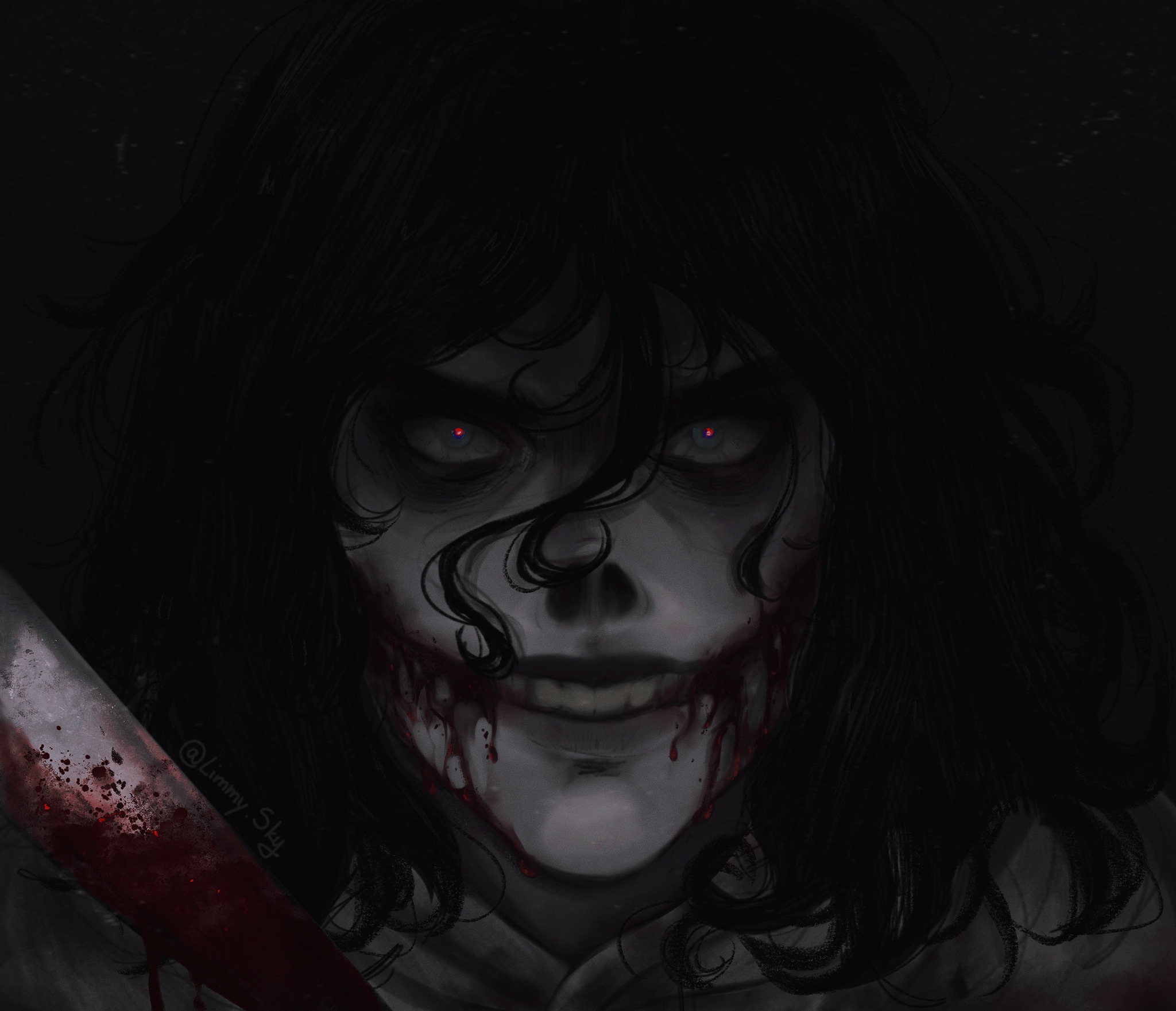 limmysky, jeff the killer, creepypasta, commentary, english commentary, highres, 1boy, :d, bags under eyes, black background, black hair, blood, blood from mouth, bloody knife, blue eyes, bright pupils, colored skin, dark, double-parted bangs, glasgow smile, glowing, glowing eyes, grin, hair between eyes, holding, holding knife, hood, hood down, hoodie, instagram username, knife, long hair between eyes, looking at viewer, male focus, medium hair, messy hair, open mouth, portrait, realistic, red pupils, simple background, smile, solo, straight-on, v-shaped eyebrows, white hoodie, white skin