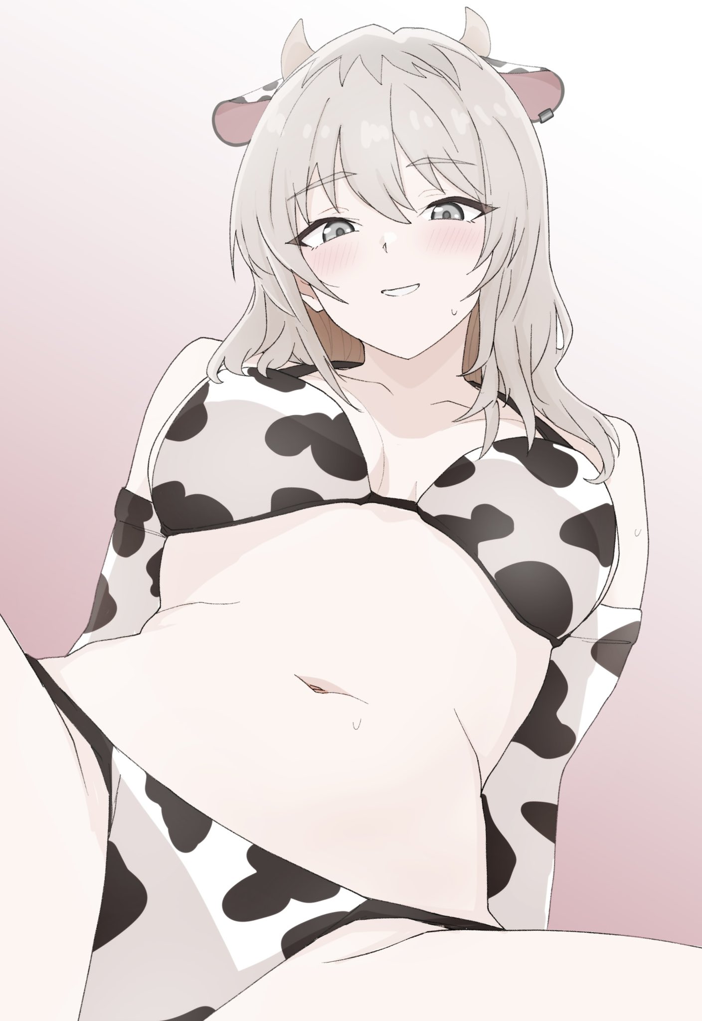 n nai nai n, kawaragi momoka, girls band cry, commentary request, highres, 1girl, animal ears, animal print, bikini, blush, cow print, cow print bikini, fake animal ears, fake horns, grey eyes, grey hair, horns, long hair, looking at viewer, multicolored hair, navel, open mouth, print bikini, roots (hair), solo, stomach, swimsuit