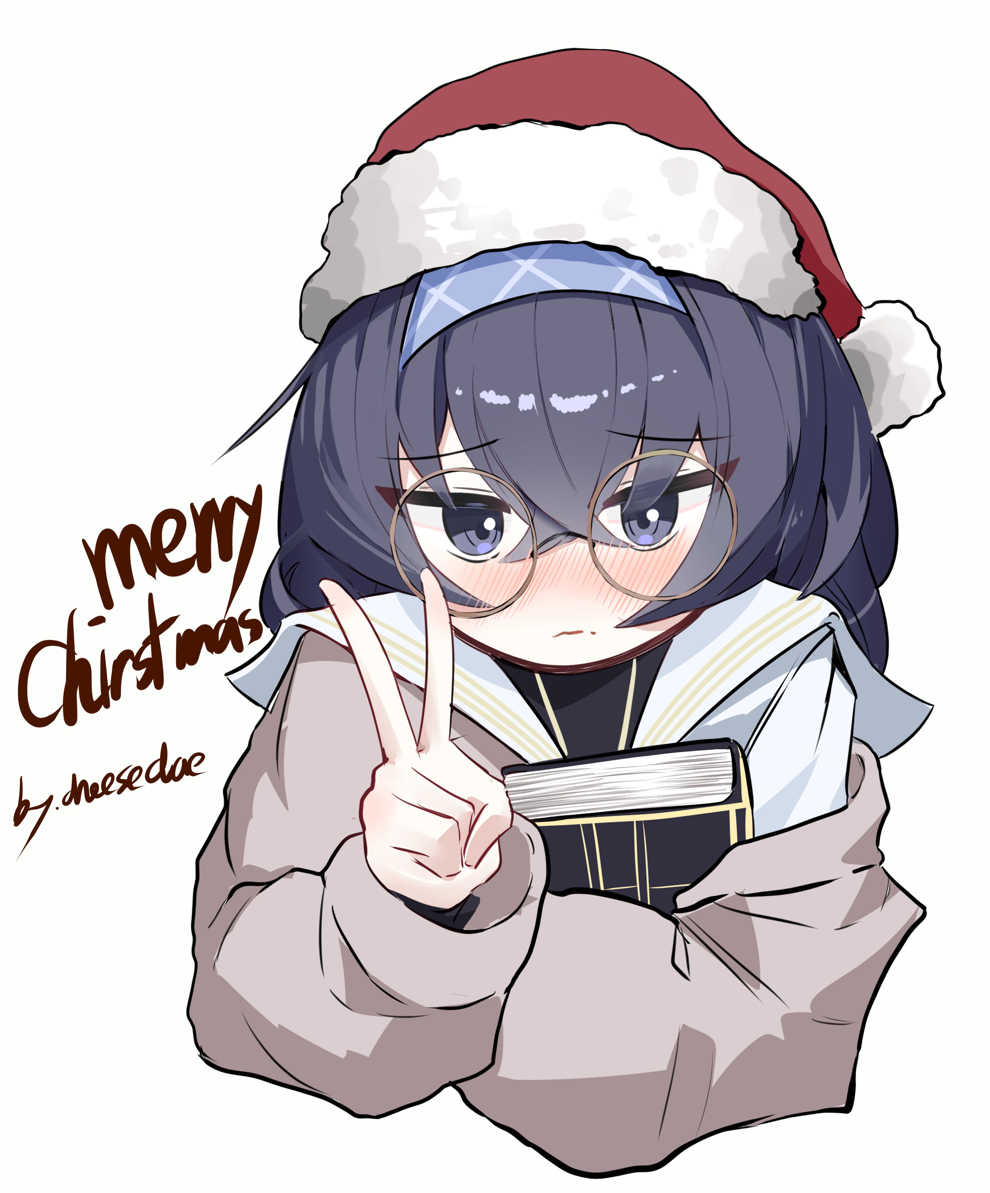 cheeckae, ui (blue archive), blue archive, absurdres, commentary, english commentary, highres, 1girl, artist name, black eyes, black hair, black sweater, blue hairband, blush, book, brown cardigan, cardigan, crossed bangs, english text, hair between eyes, hair intakes, hairband, hand up, hat, holding, holding book, layered sleeves, long hair, long sleeves, looking at viewer, merry christmas, round eyewear, sailor collar, santa hat, shirt, solo, sweater, upper body, v, white background, white sailor collar, white shirt
