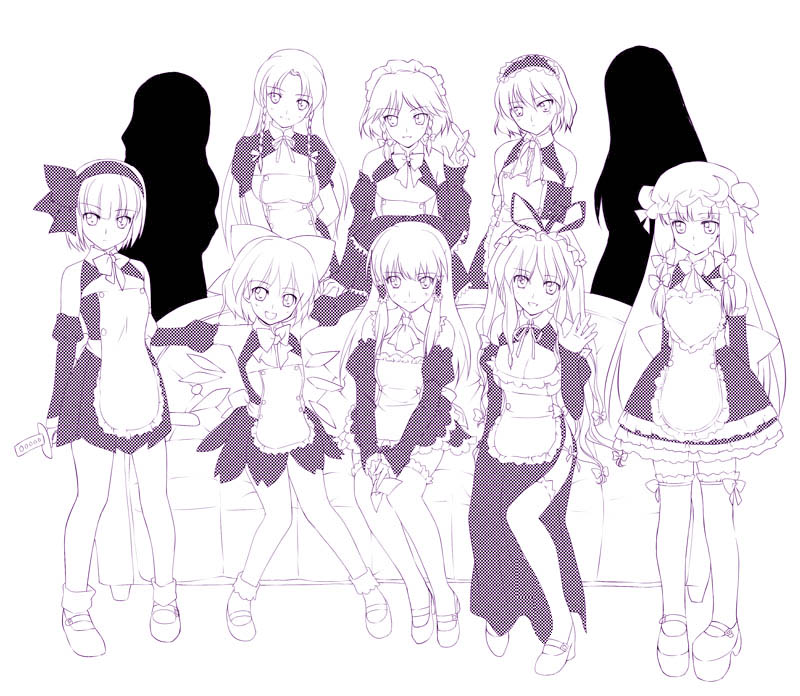 rei (artist), rei (rei's room), airi (dream c club), alice margatroid, amane (dream c club), cirno, futaba riho, hakurei reimu, hong meiling, ili (dream c club), izayoi sakuya, konpaku youmu, mari (dream c club), mian (dream c club), mio (dream c club), nao (dream c club), patchouli knowledge, setsu (dream c club), yakumo yukari, dream c club, dream c club (series), touhou, 6+girls, airi (dream c club) (cosplay), amane (dream c club) (cosplay), bob cut, cosplay, dream c club (cosplay), futaba riho (cosplay), ili (dream c club) (cosplay), mari (dream c club) (cosplay), mian (dream c club) (cosplay), mio (dream c club) (cosplay), monochrome, multiple girls, nao (dream c club) (cosplay), purple theme, setsu (dream c club) (cosplay), silhouette, thighhighs