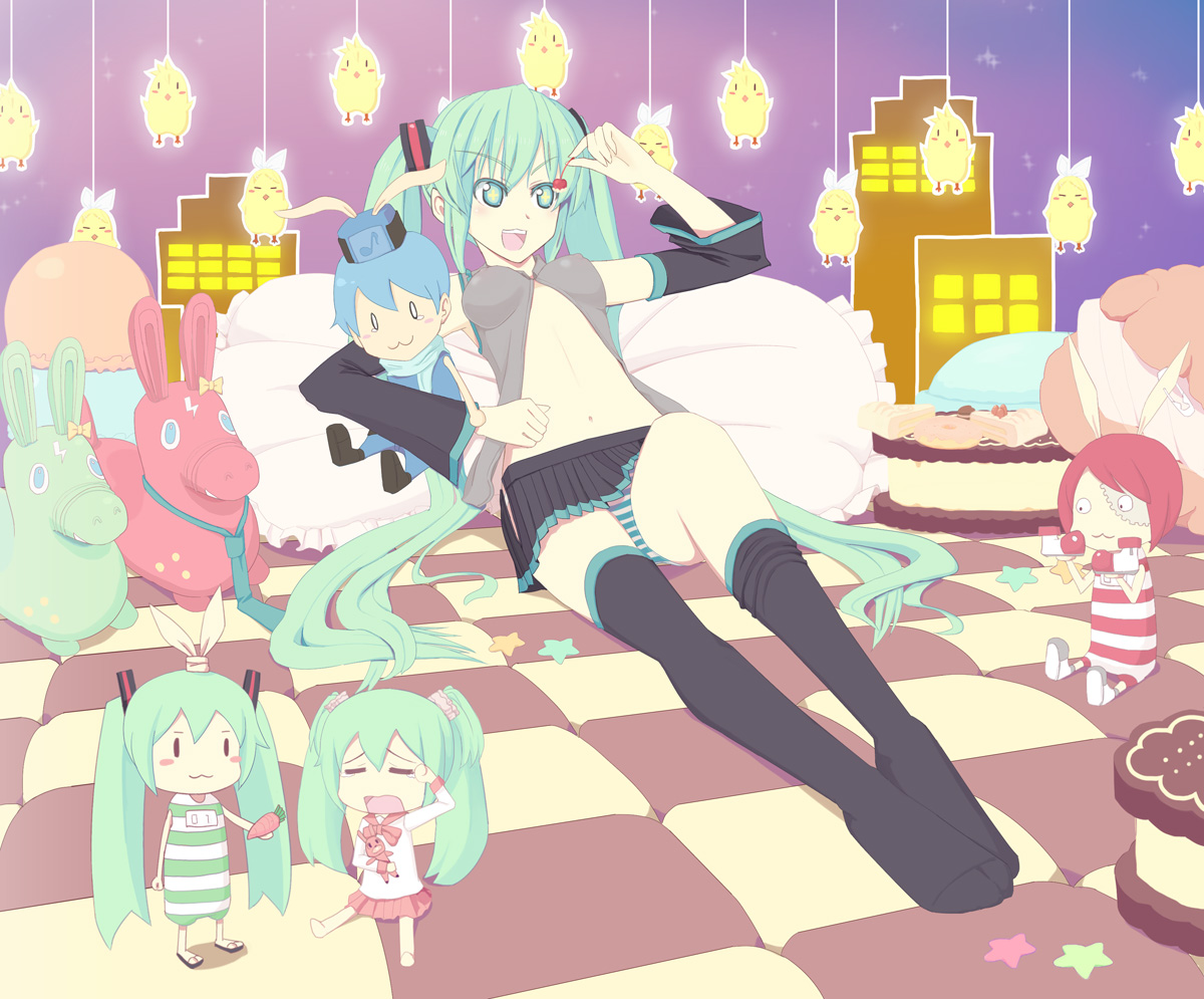 powhu, hatsune miku, kagamine len, kagamine rin, kaito (vocaloid), lol -lots of laugh- (vocaloid), lots of laugh, vocaloid, 1boy, 4girls, baby animal, bird, breasts, cake, chibi, chick, covered erect nipples, feet, food, foreshortening, legs, multiple girls, open clothes, open shirt, panties, pillow, shirt, sitting, small breasts, striped clothes, striped panties, stuffed animal, stuffed toy, thighhighs, underwear